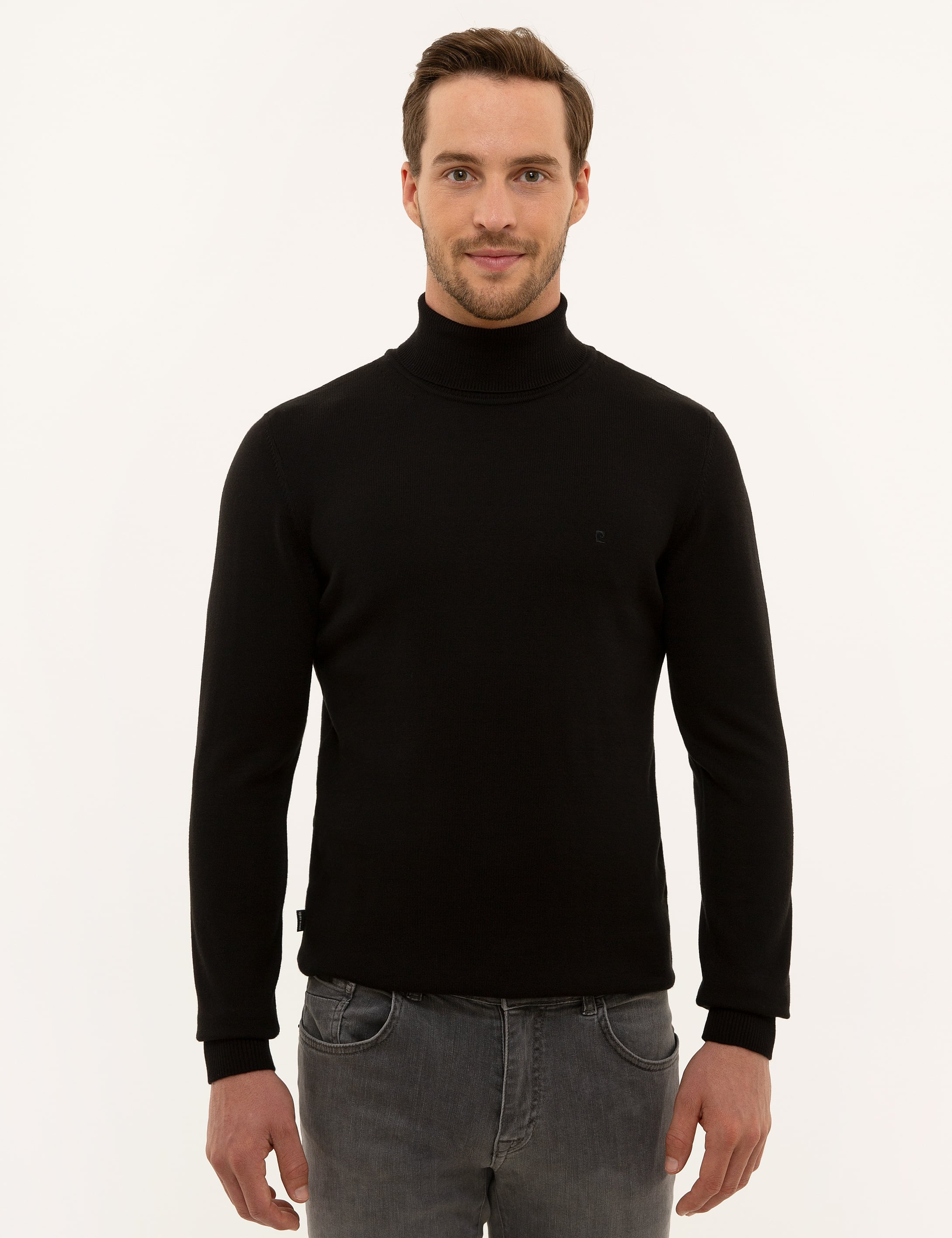 Siyah Slim Fit Balıkçı Yaka Basic Triko Kazak