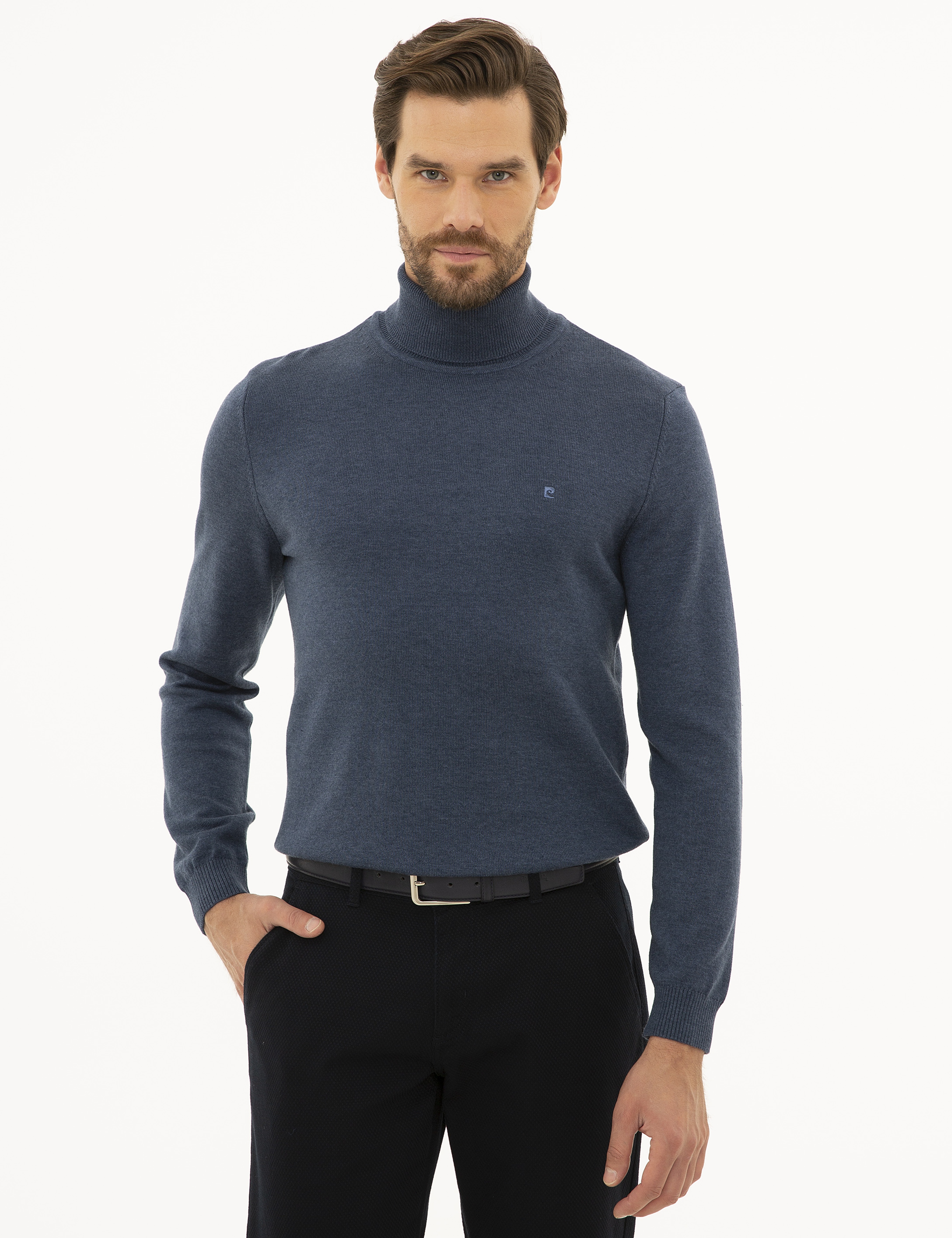 İndigo Melanj Slim Fit Balıkçı Yaka Basic Triko Kazak - Image 2