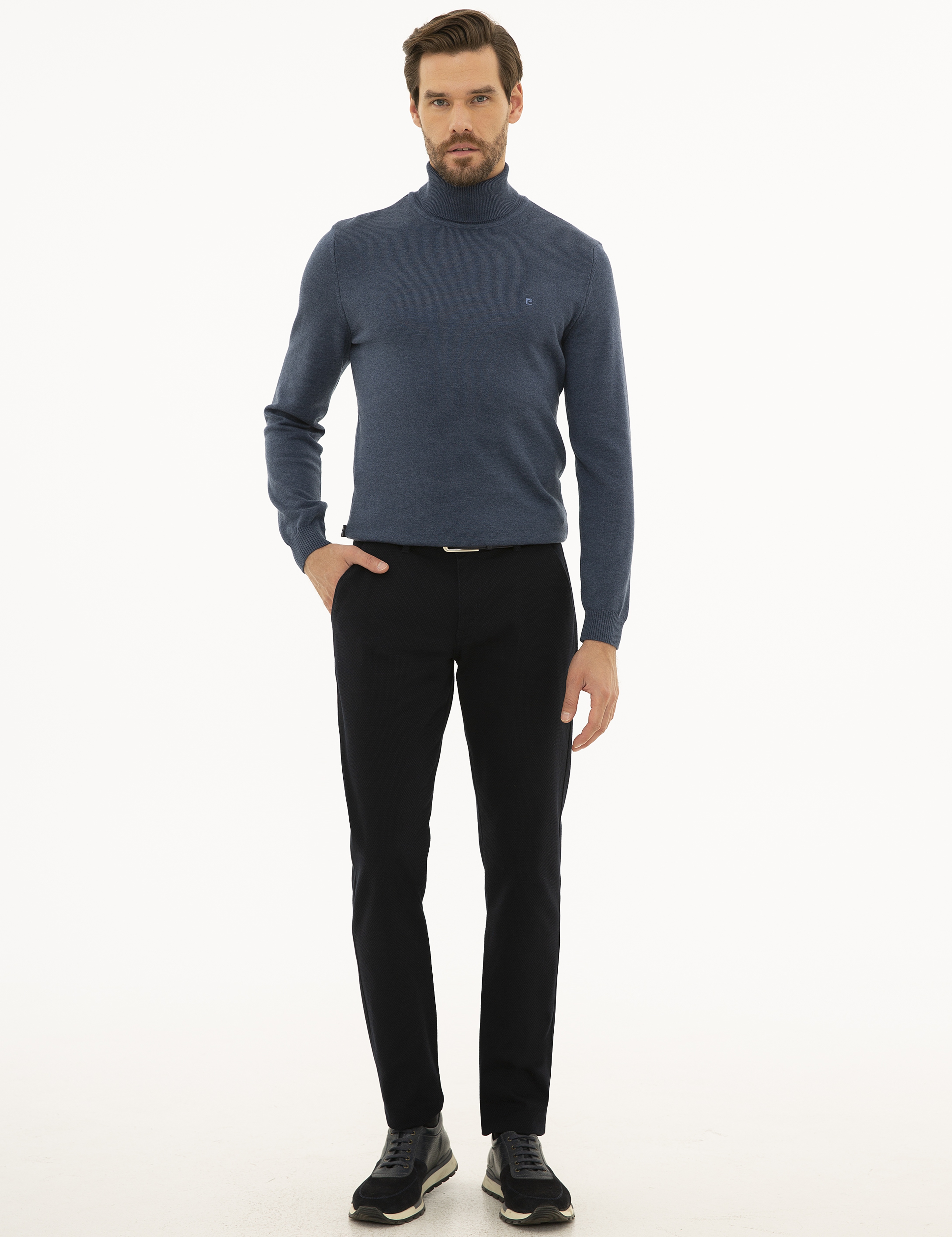 İndigo Melanj Slim Fit Balıkçı Yaka Basic Triko Kazak - Image 5