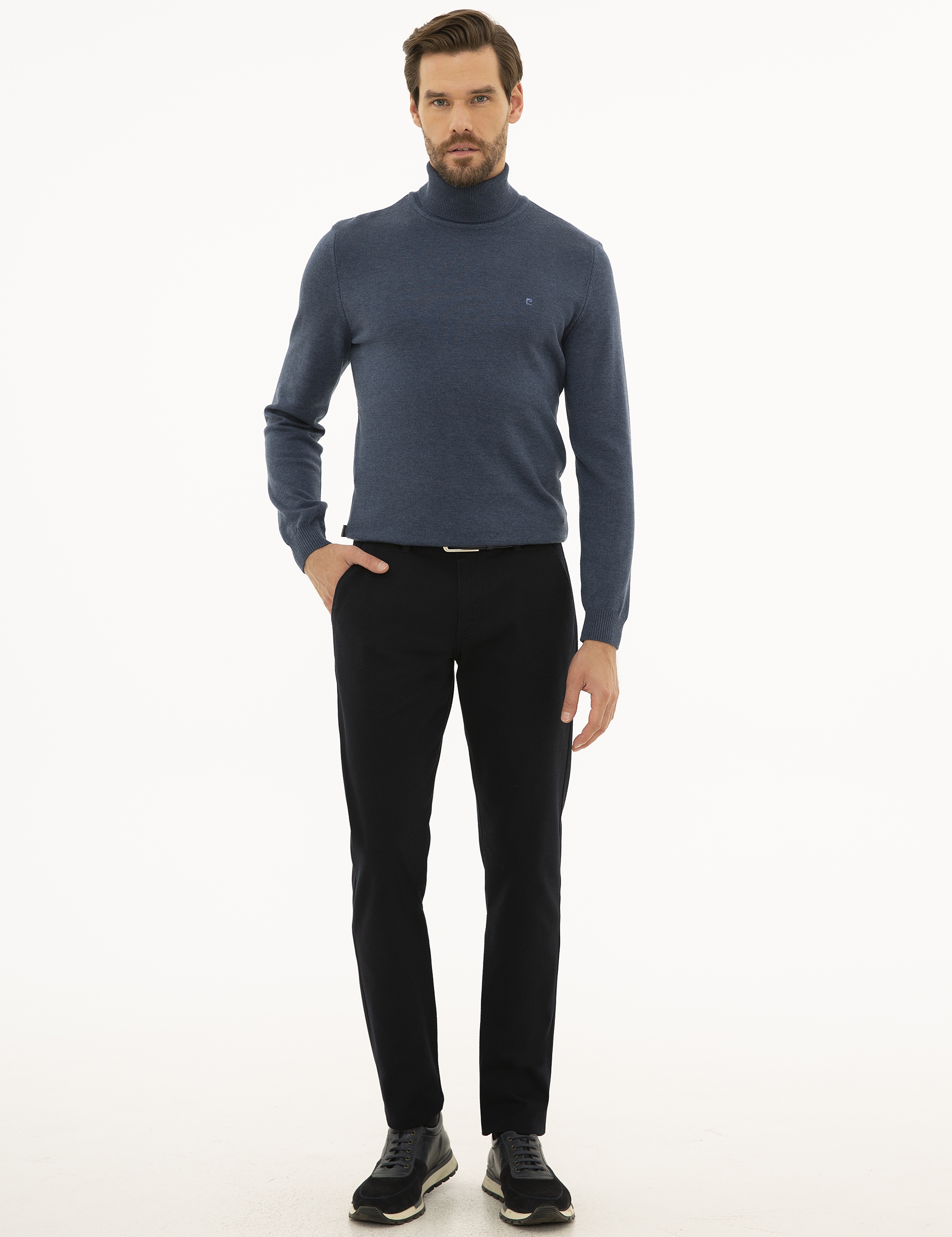 İndigo Melanj Slim Fit Balıkçı Yaka Basic Triko Kazak