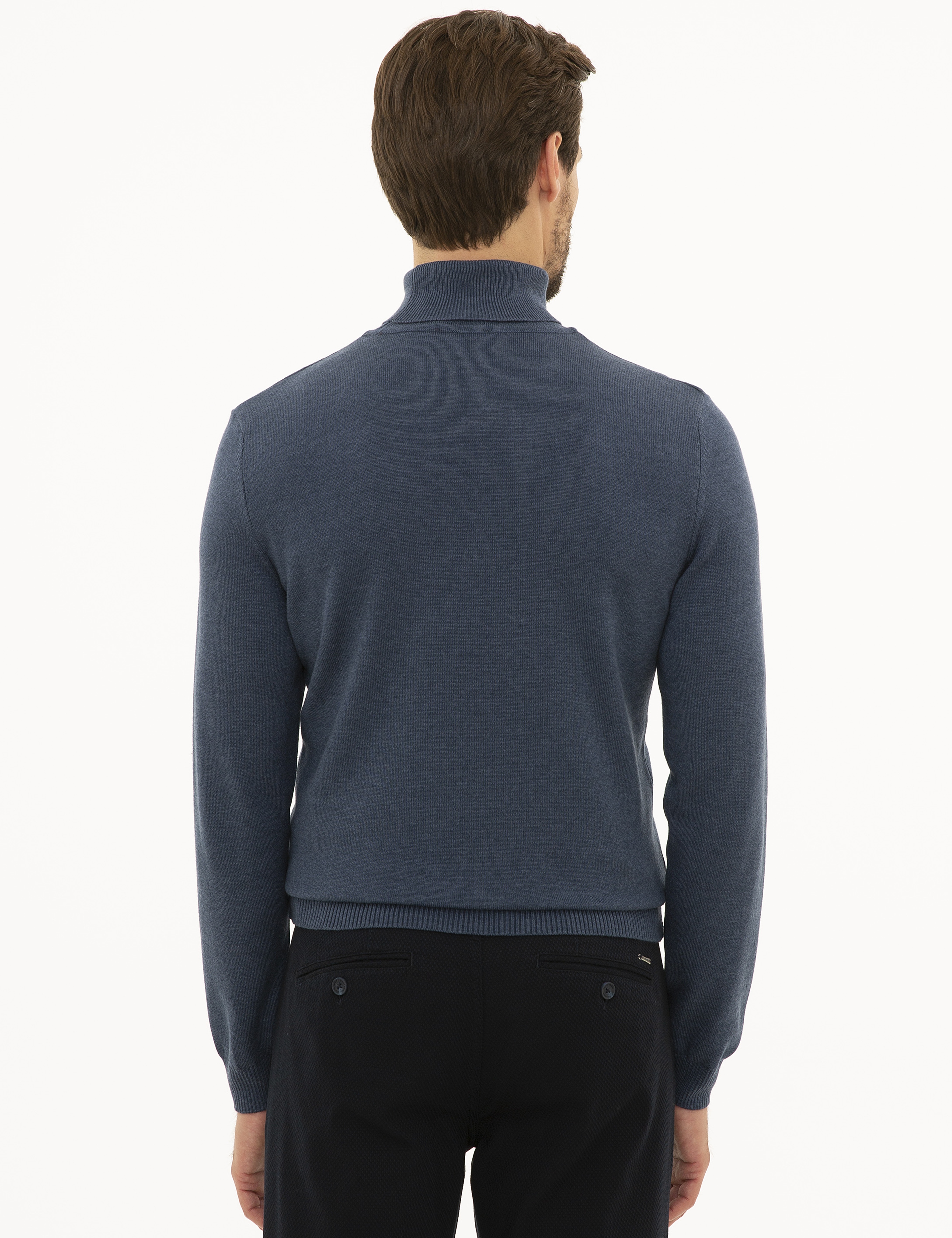 İndigo Melanj Slim Fit Balıkçı Yaka Basic Triko Kazak