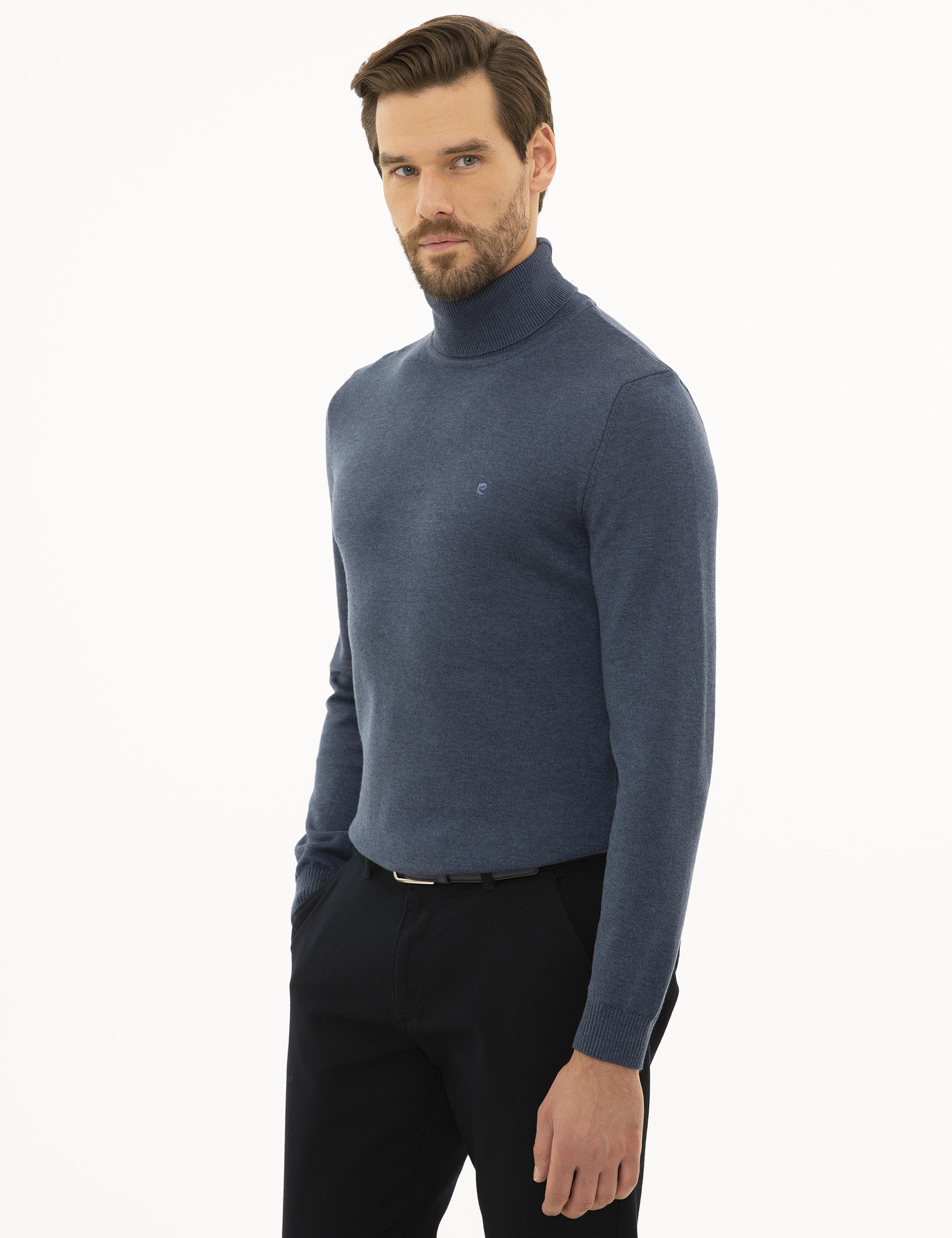 İndigo Melanj Slim Fit Balıkçı Yaka Basic Triko Kazak