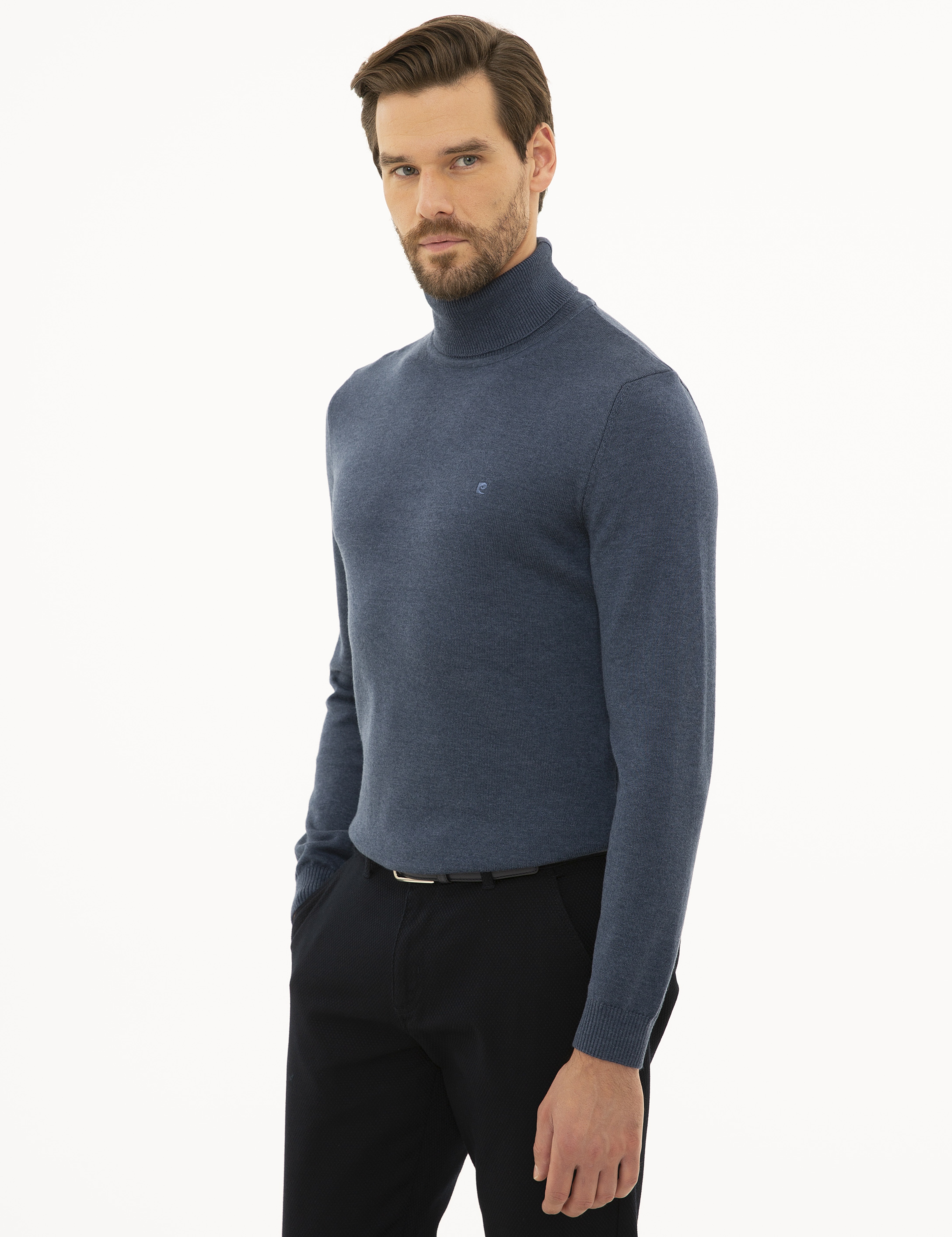 İndigo Melanj Slim Fit Balıkçı Yaka Basic Triko Kazak - Image 3