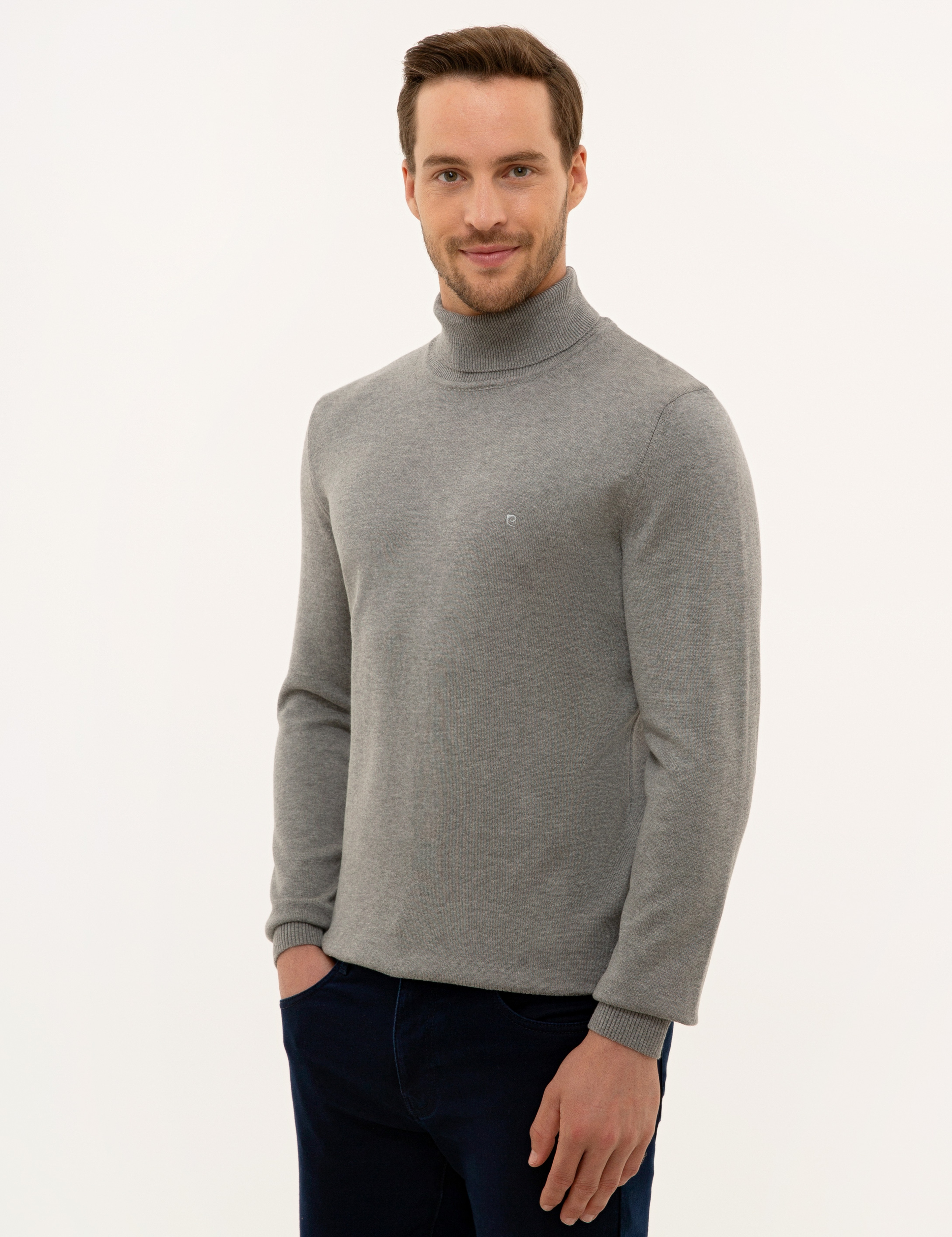 Gri Melanj Slim Fit Balıkçı Yaka Basic Triko Kazak - Image 3