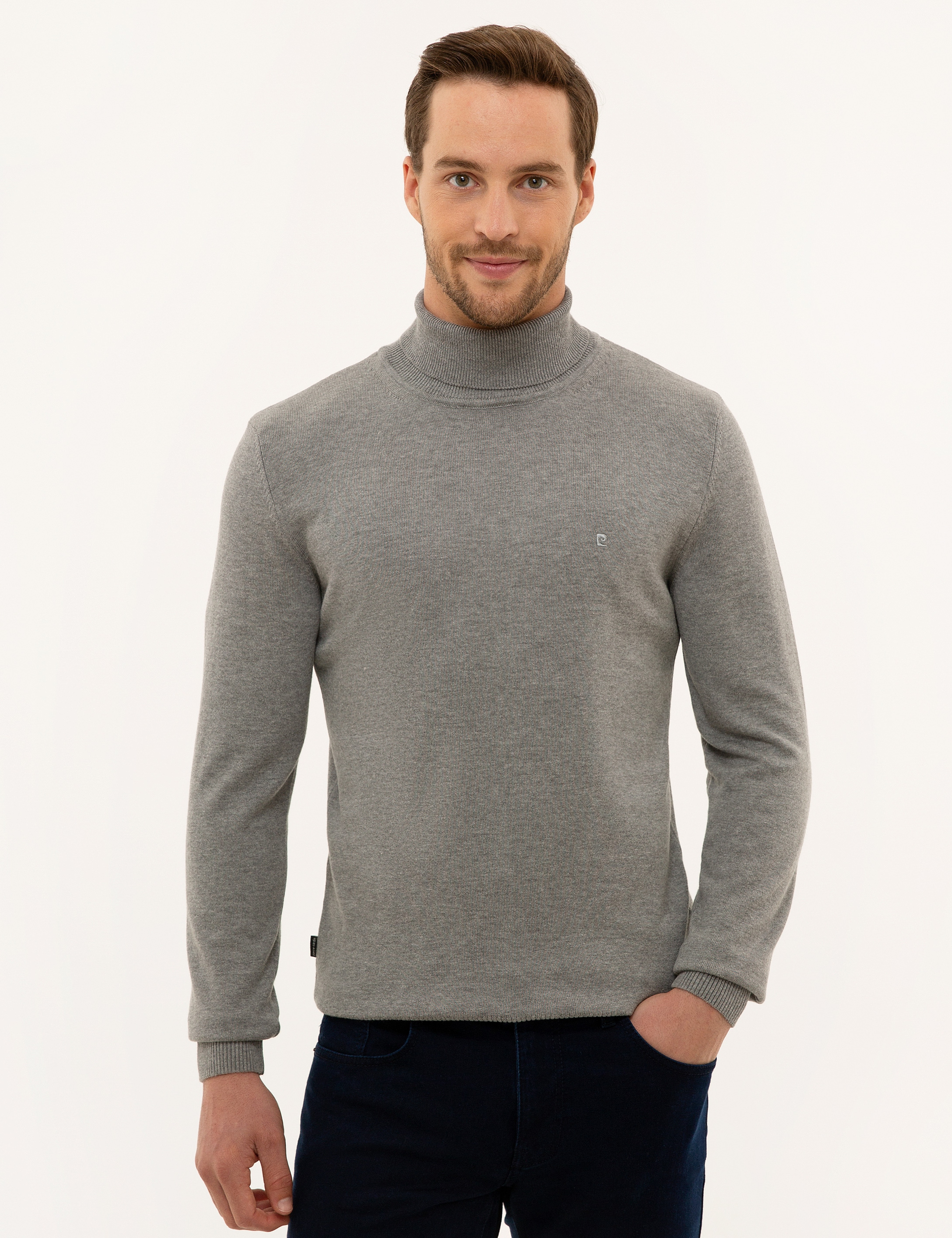 Gri Melanj Slim Fit Balıkçı Yaka Basic Triko Kazak - Image 1