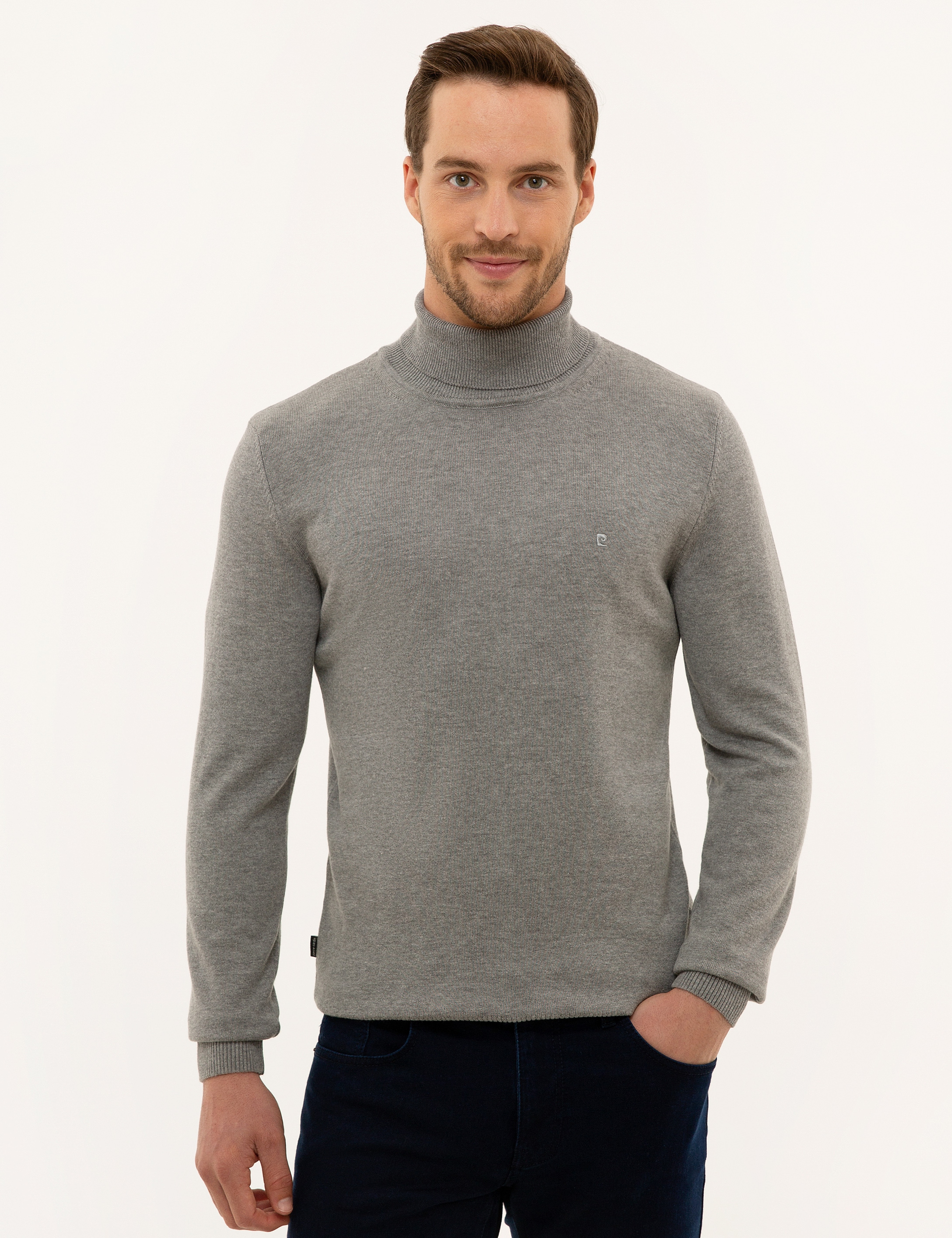 Gri Melanj Slim Fit Balıkçı Yaka Basic Triko Kazak
