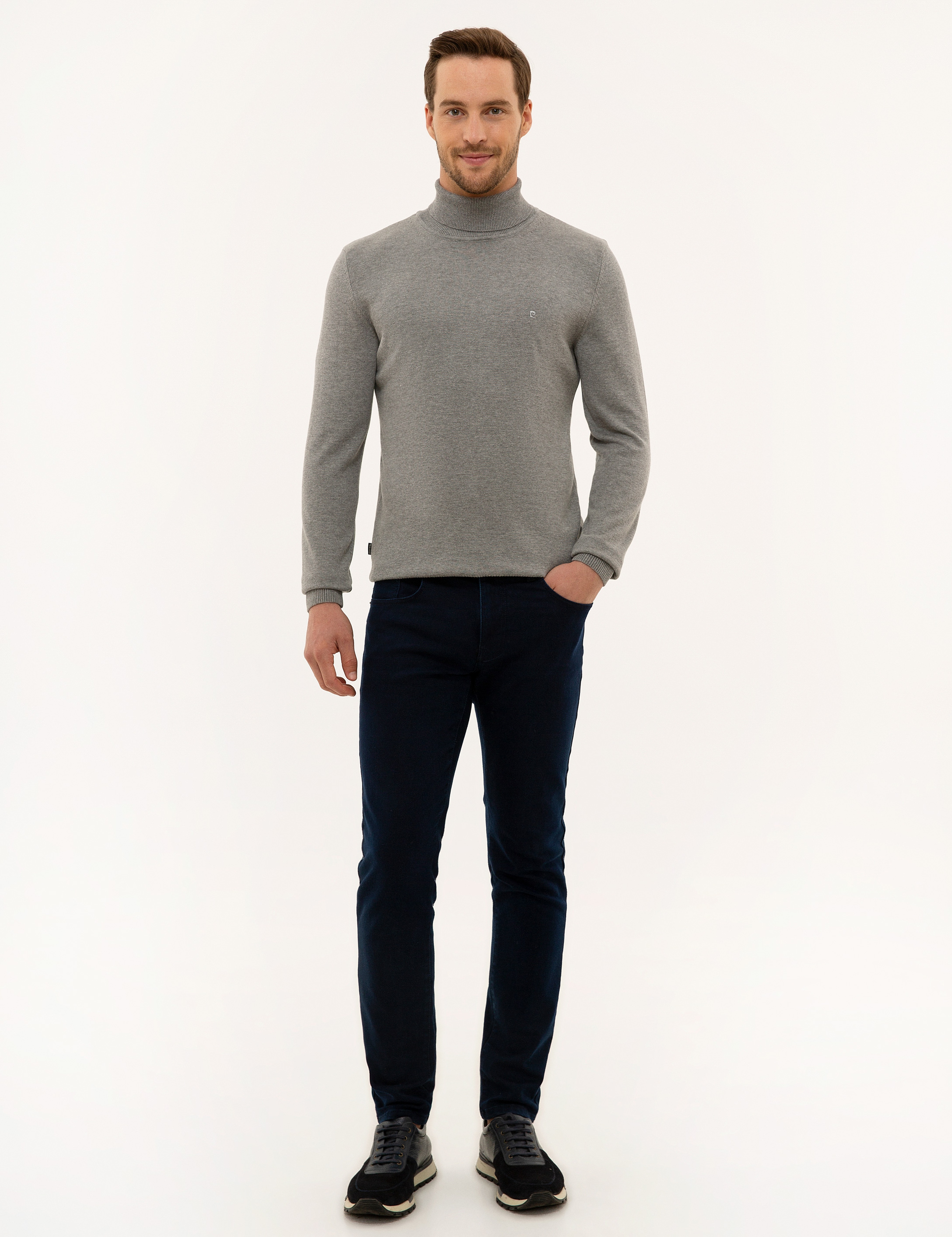 Gri Melanj Slim Fit Balıkçı Yaka Basic Triko Kazak - Image 5