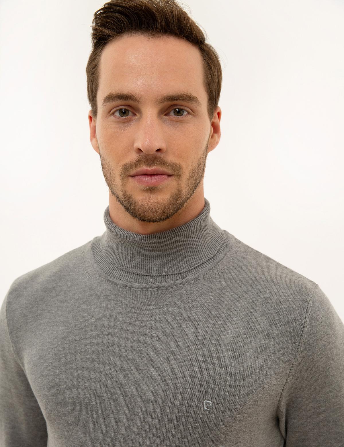 Gri Melanj Slim Fit Balıkçı Yaka Basic Triko Kazak - 50227090046