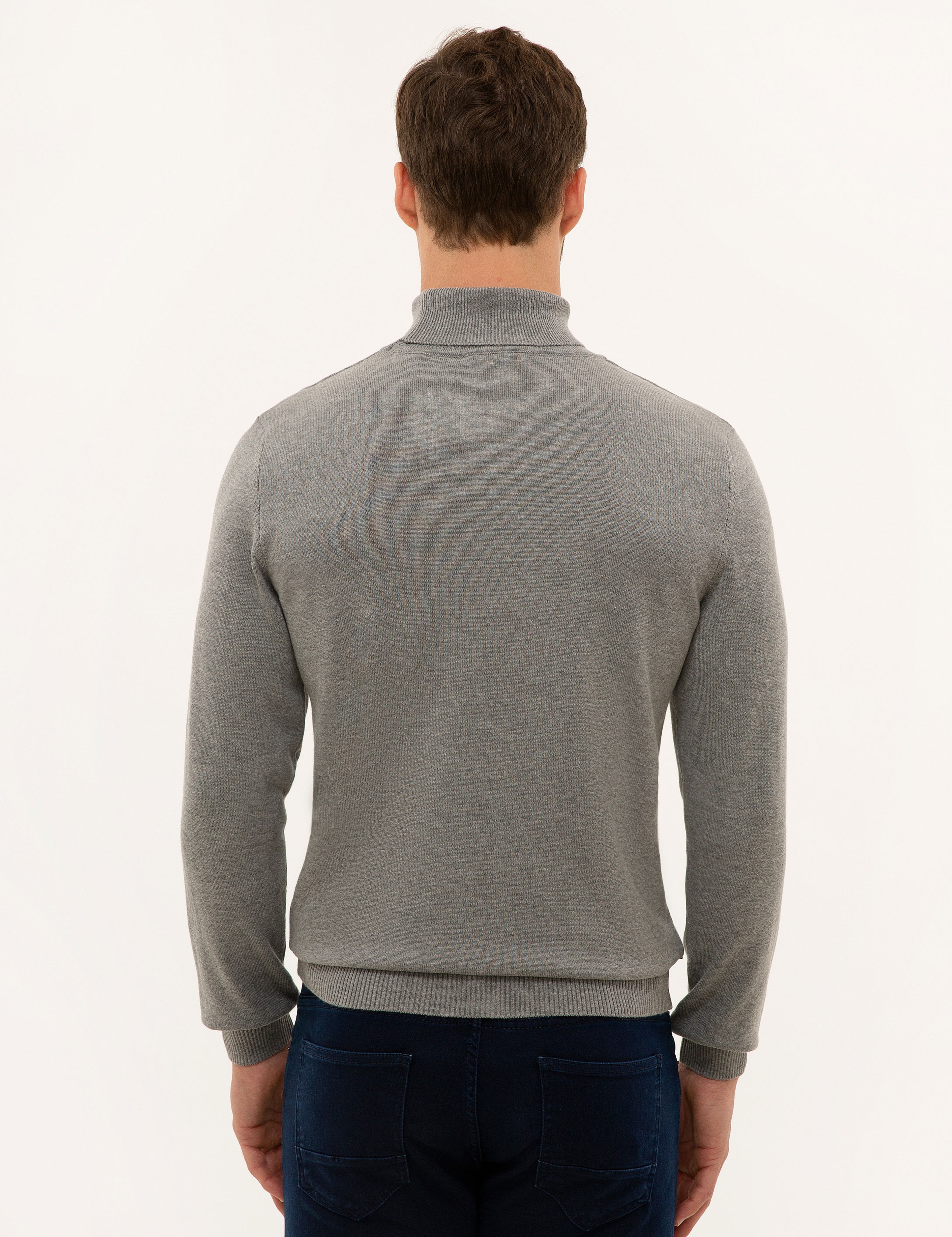 Gri Melanj Slim Fit Balıkçı Yaka Basic Triko Kazak - Image 4