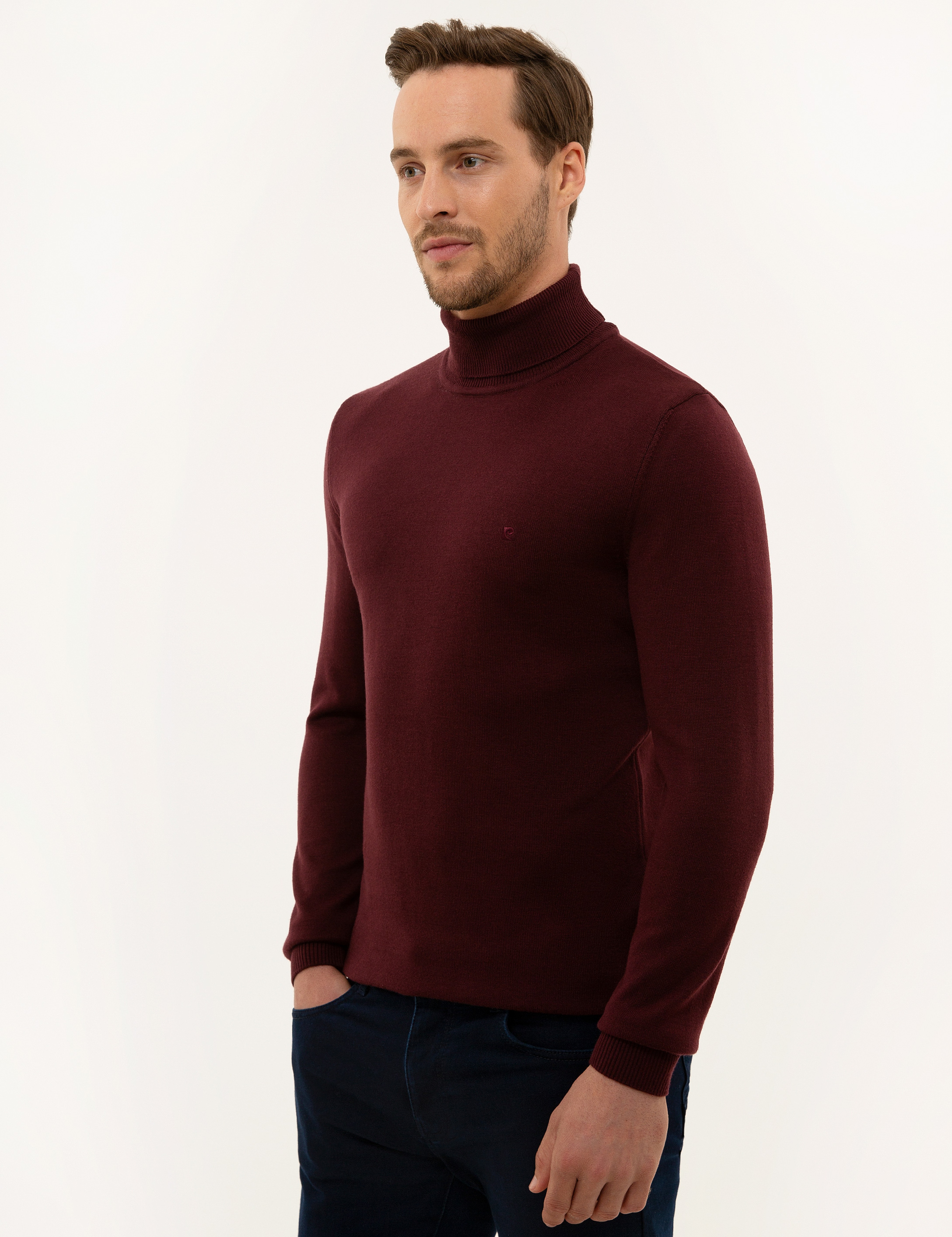 Bordo Slim Fit Balıkçı Yaka Basic Triko Kazak - Image 3