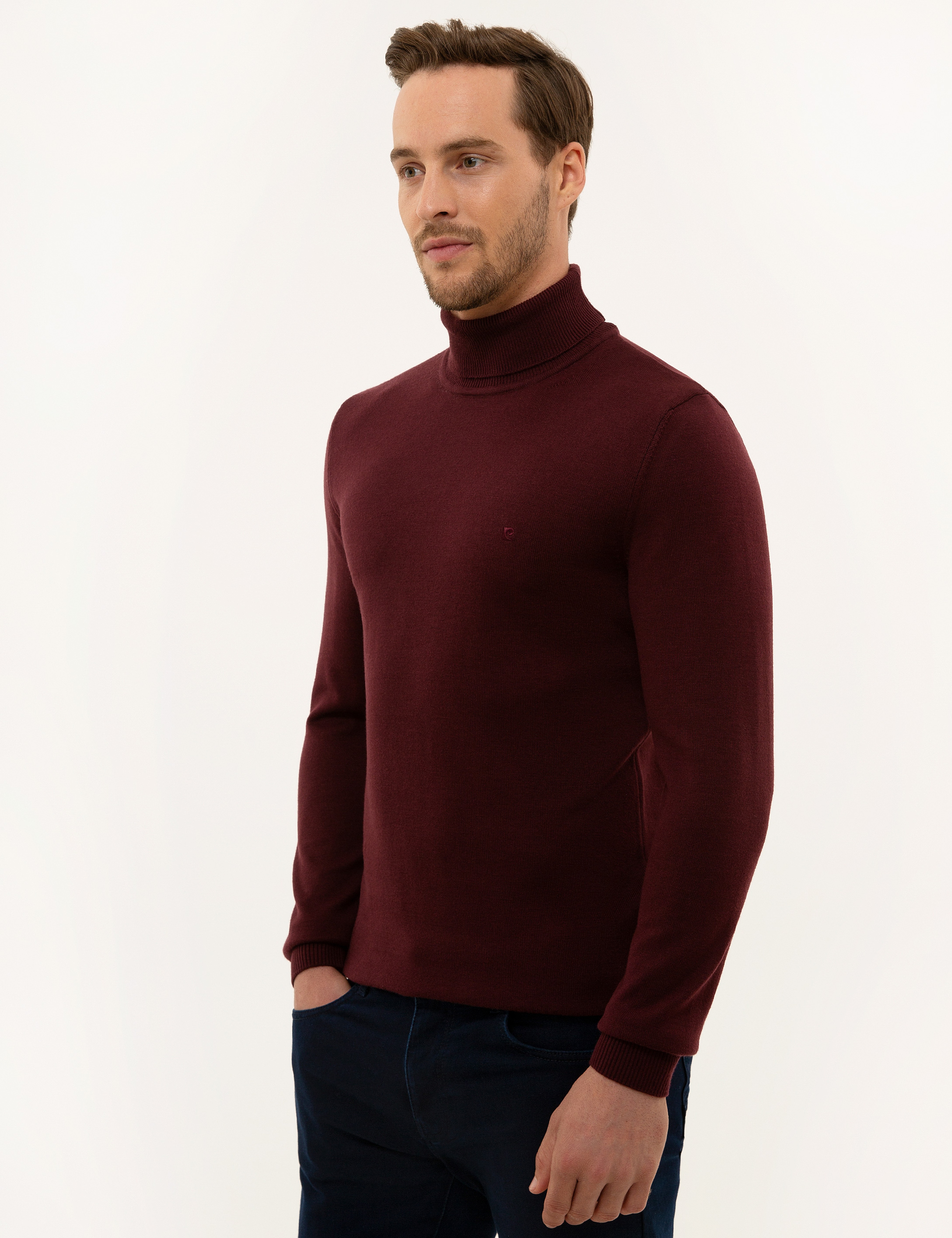 Bordo Slim Fit Balıkçı Yaka Basic Triko Kazak
