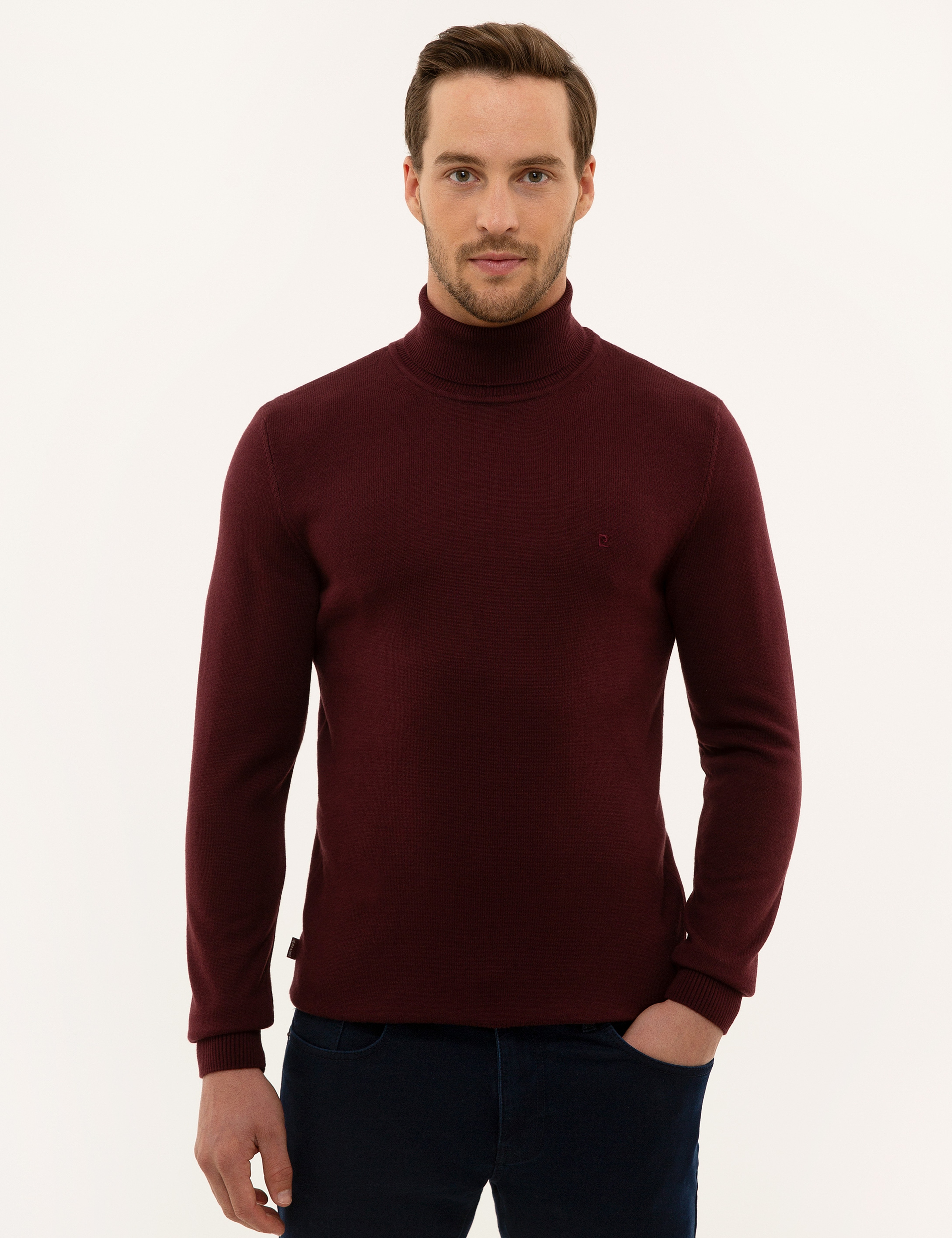 Bordo Slim Fit Balıkçı Yaka Basic Triko Kazak