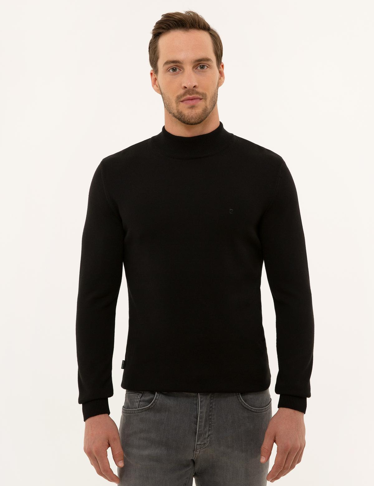 Siyah Slim Fit Yarım Balıkçı Yaka Basic Triko Kazak