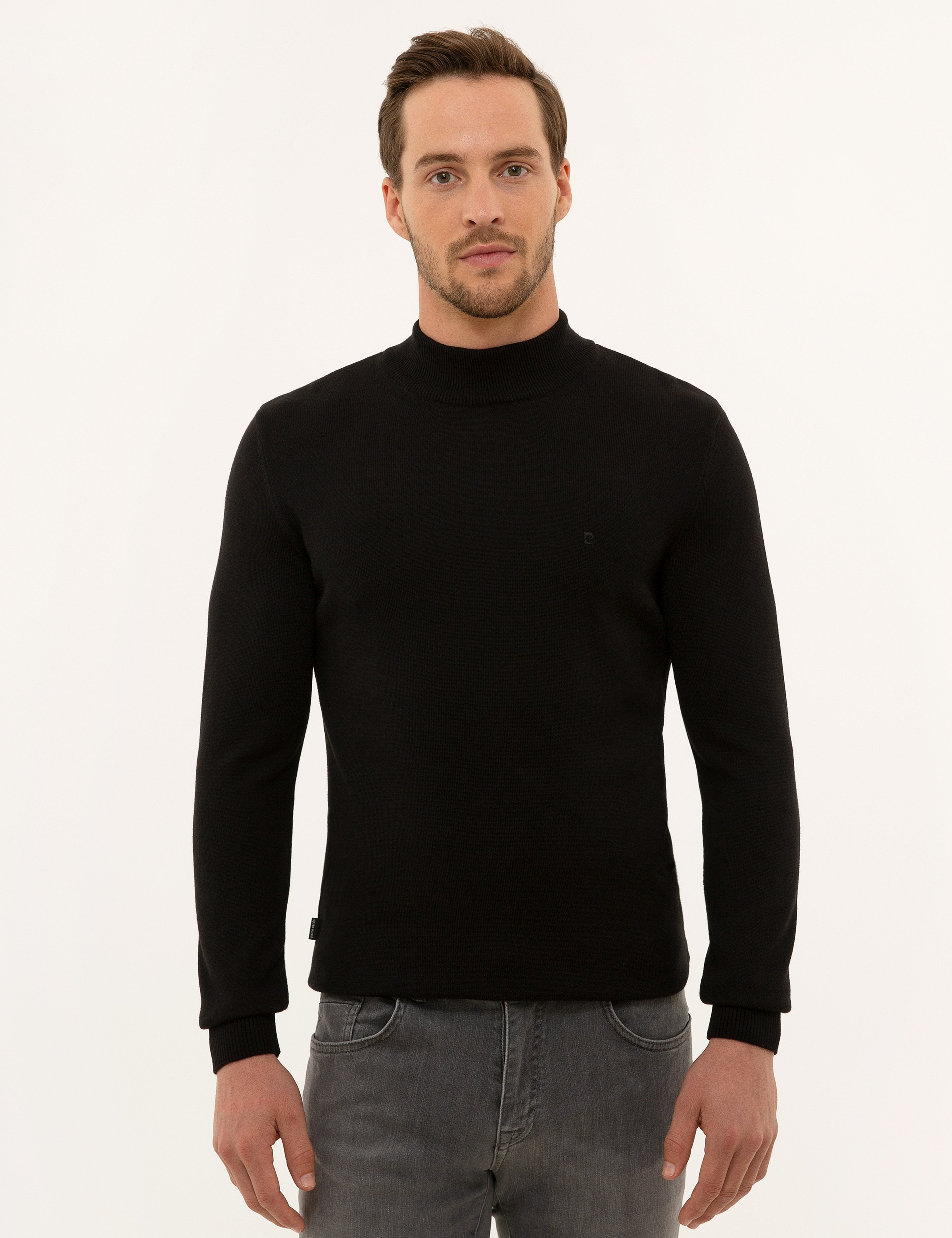 Siyah Slim Fit Yarım Balıkçı Yaka Basic Triko Kazak - Image 1