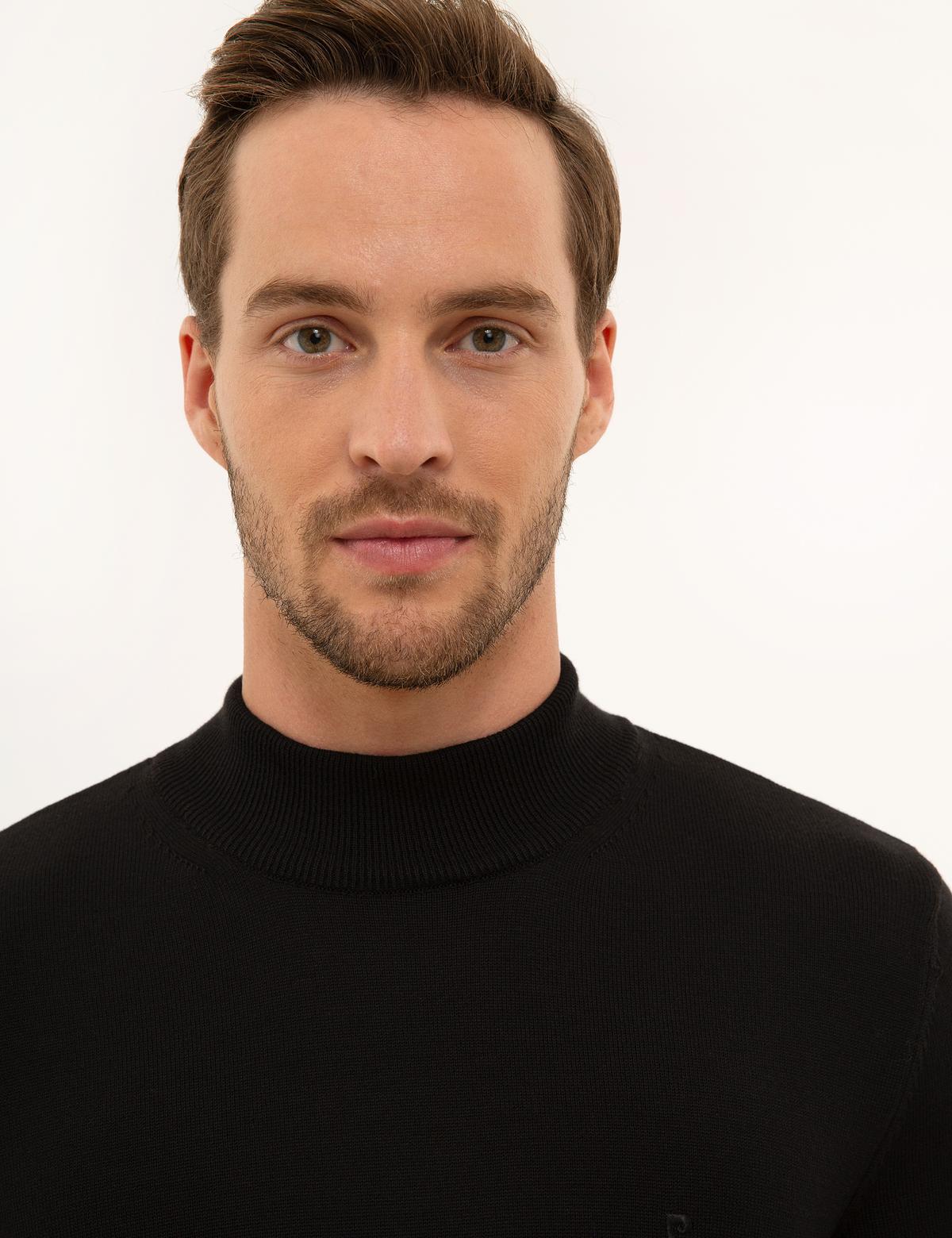 Siyah Slim Fit Yarım Balıkçı Yaka Basic Triko Kazak - 50227091007