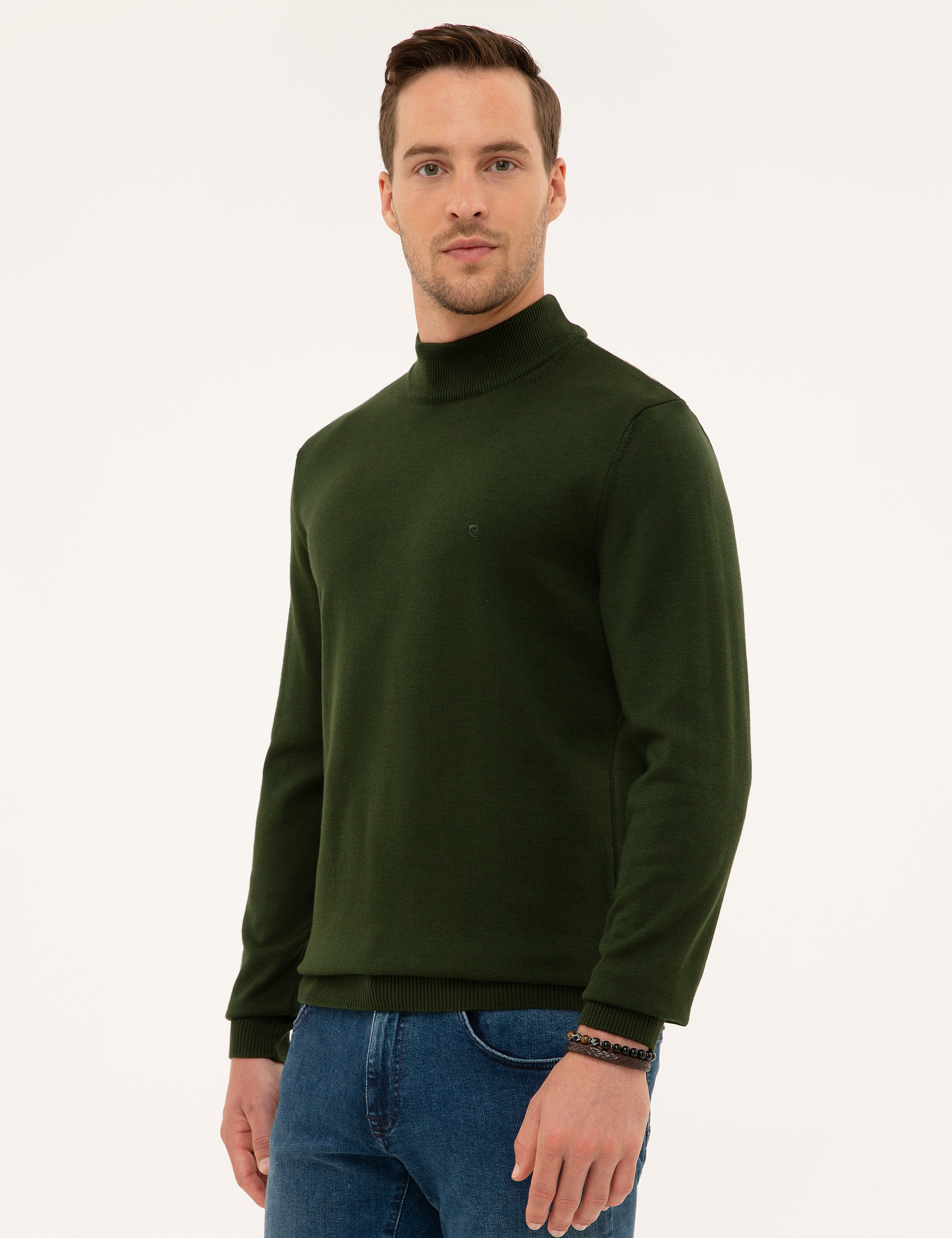 Koyu Yeşil Slim Fit Yarım Balıkçı Yaka Triko Kazak - Image 3