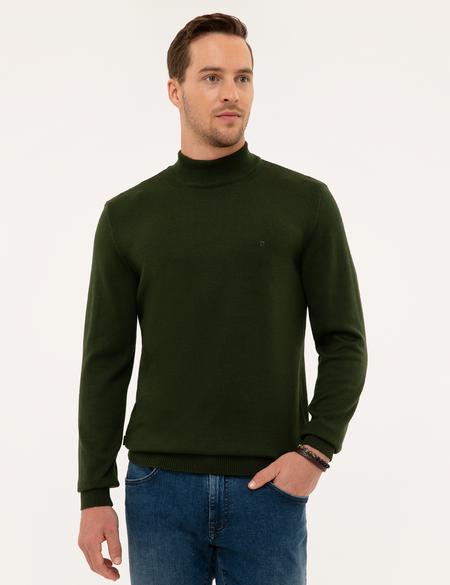 Koyu Yeşil Slim Fit Yarım Balıkçı Yaka Triko Kazak - 50227091121