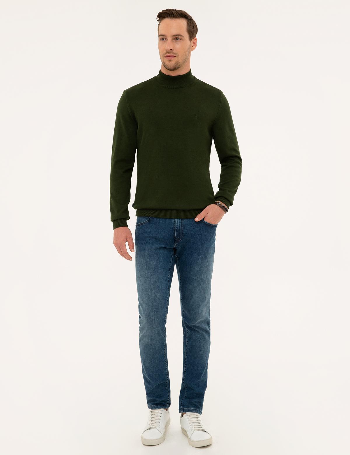 Koyu Yeşil Slim Fit Yarım Balıkçı Yaka Triko Kazak - 50227091121