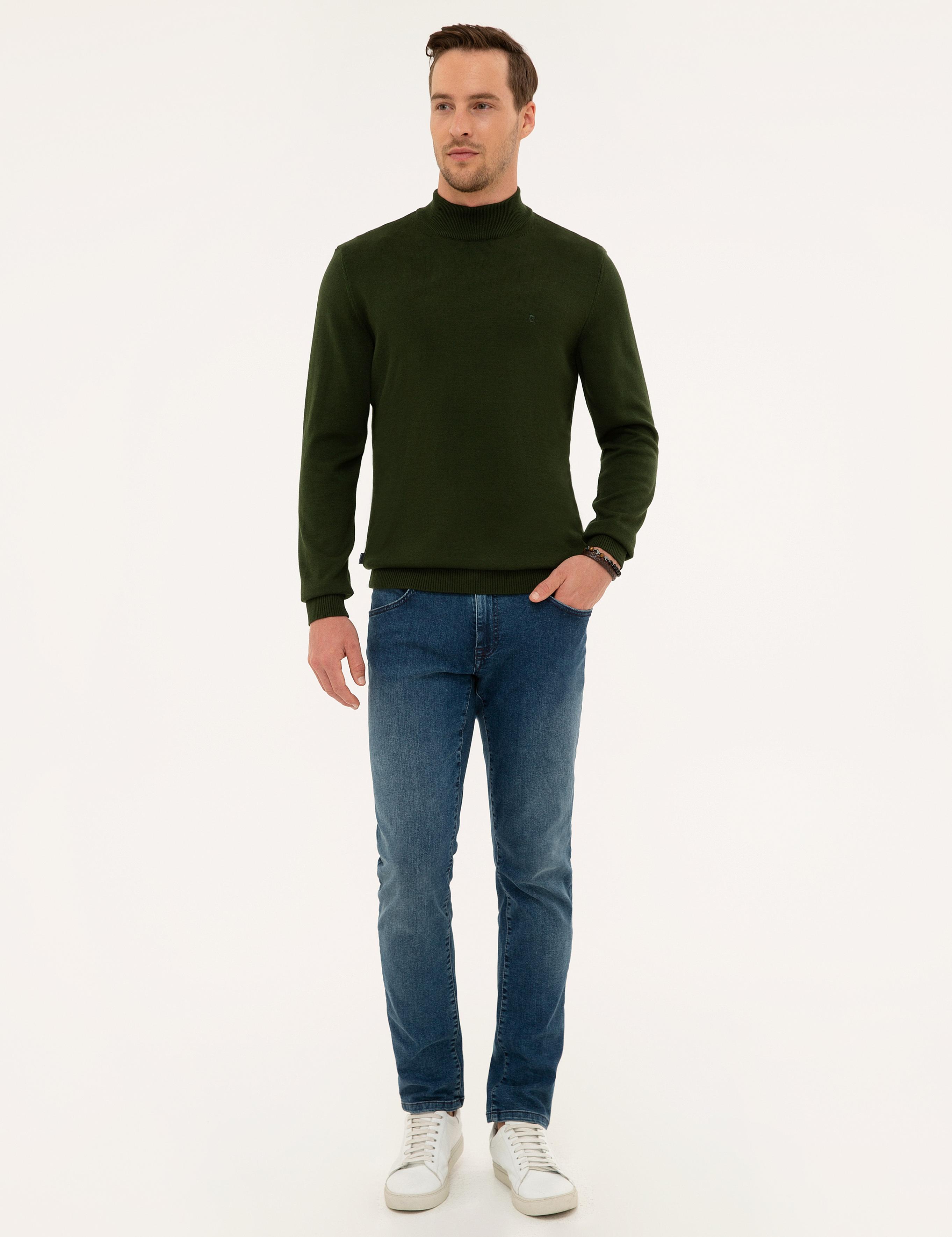 Koyu Yeşil Slim Fit Yarım Balıkçı Yaka Triko Kazak