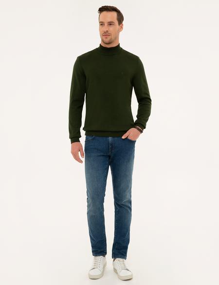 Koyu Yeşil Slim Fit Yarım Balıkçı Yaka Triko Kazak - 50227091121