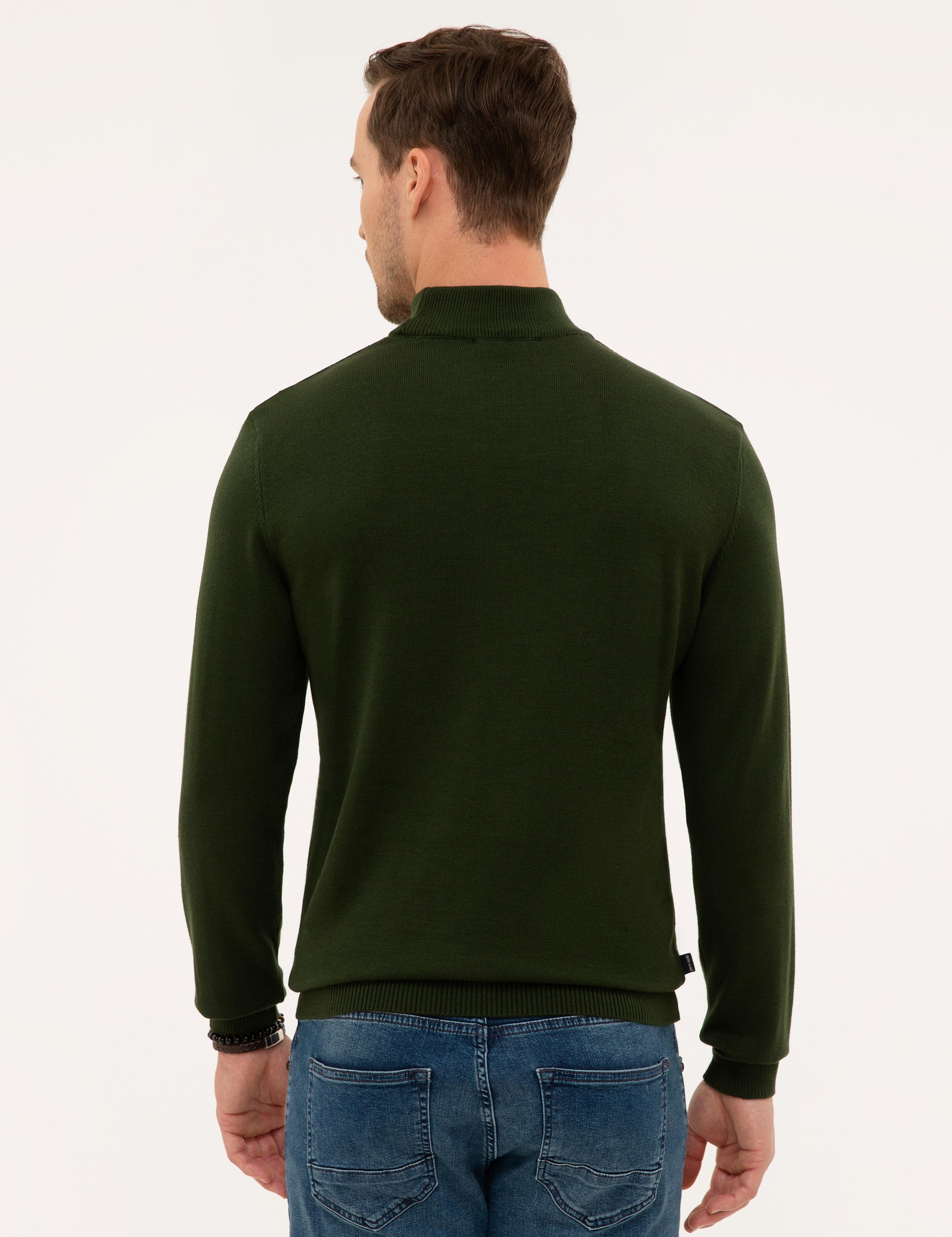 Koyu Yeşil Slim Fit Yarım Balıkçı Yaka Triko Kazak