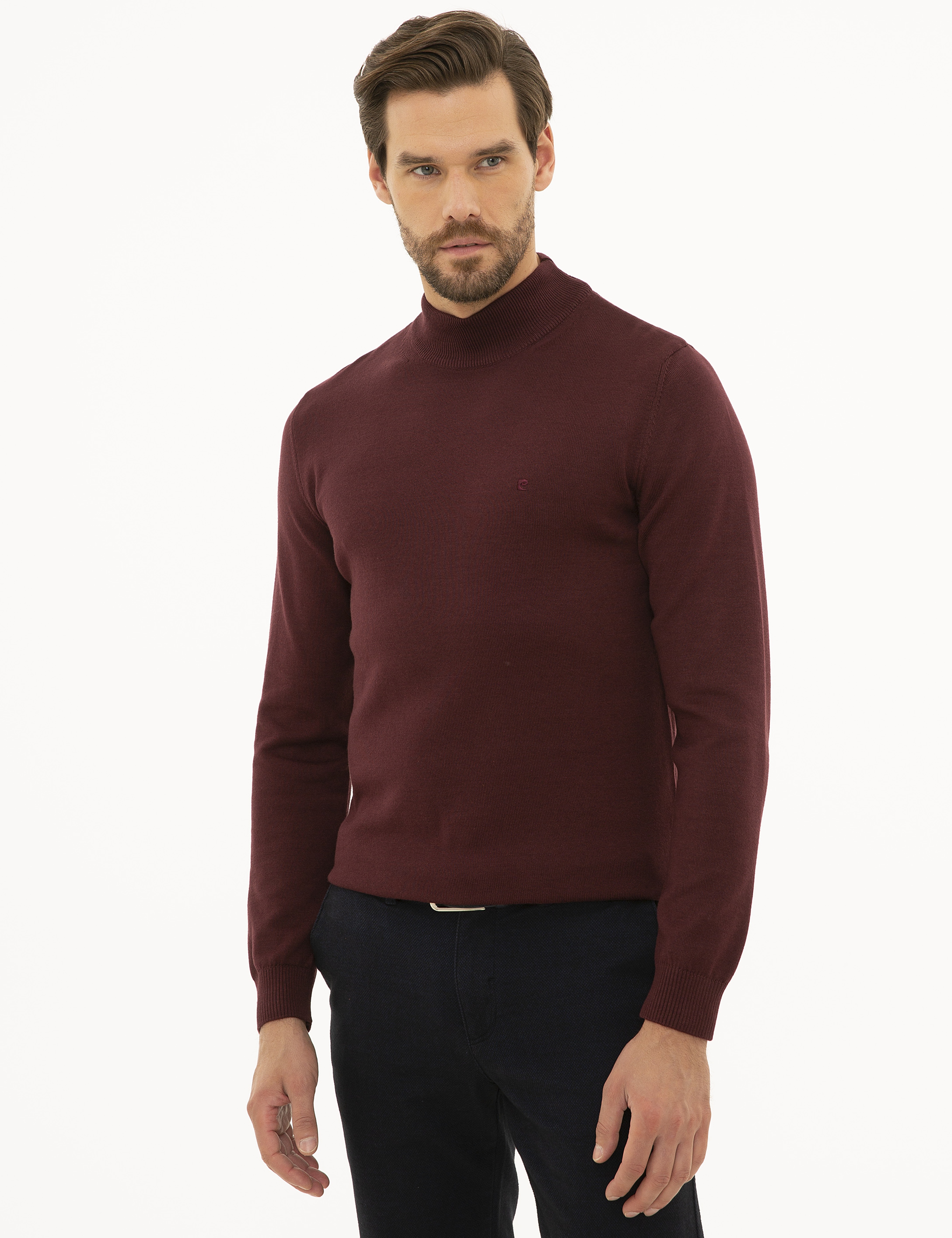 Bordo Slim Fit Yarım Balıkçı Yaka Basic Triko Kazak - Image 3