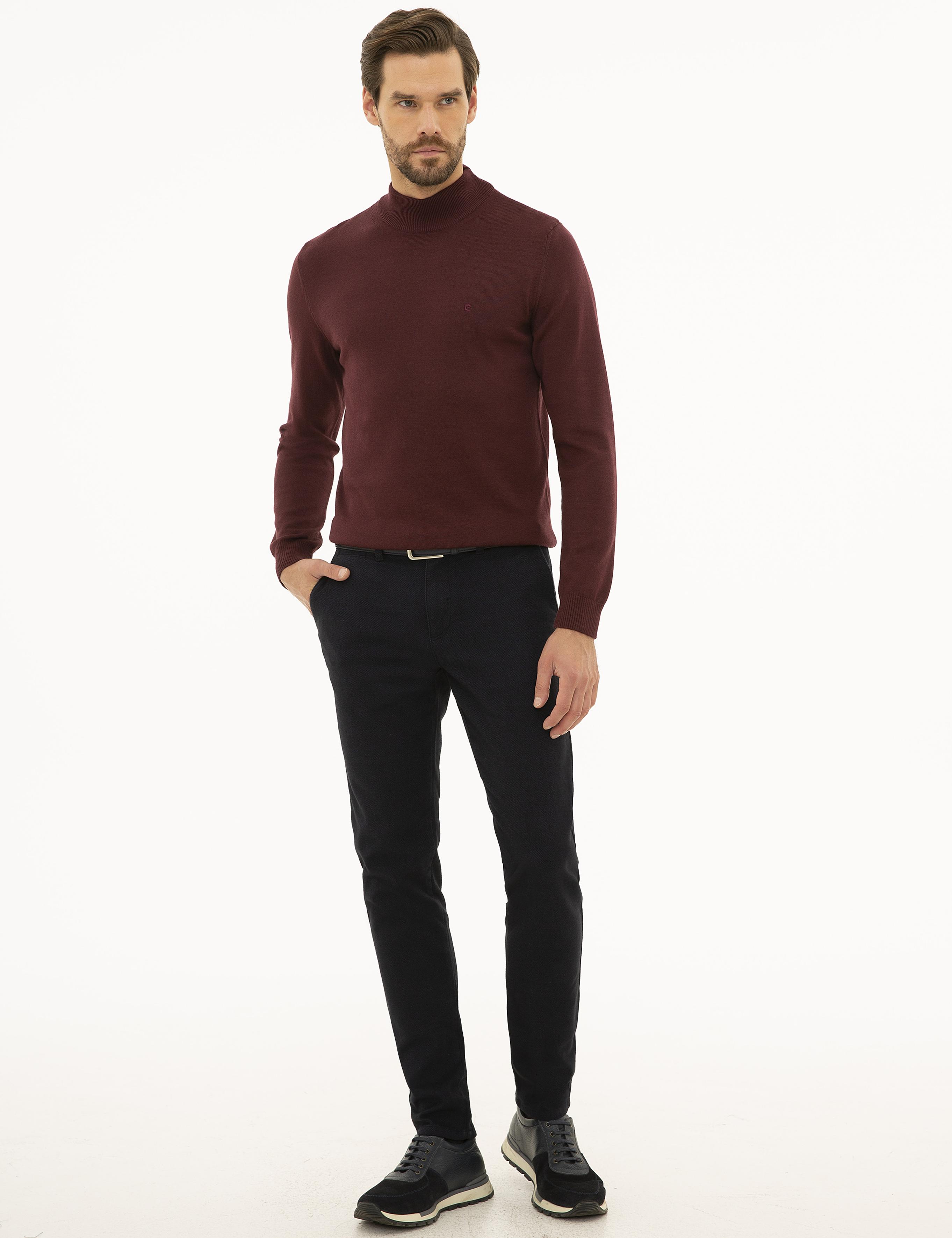 Bordo Slim Fit Yarım Balıkçı Yaka Basic Triko Kazak