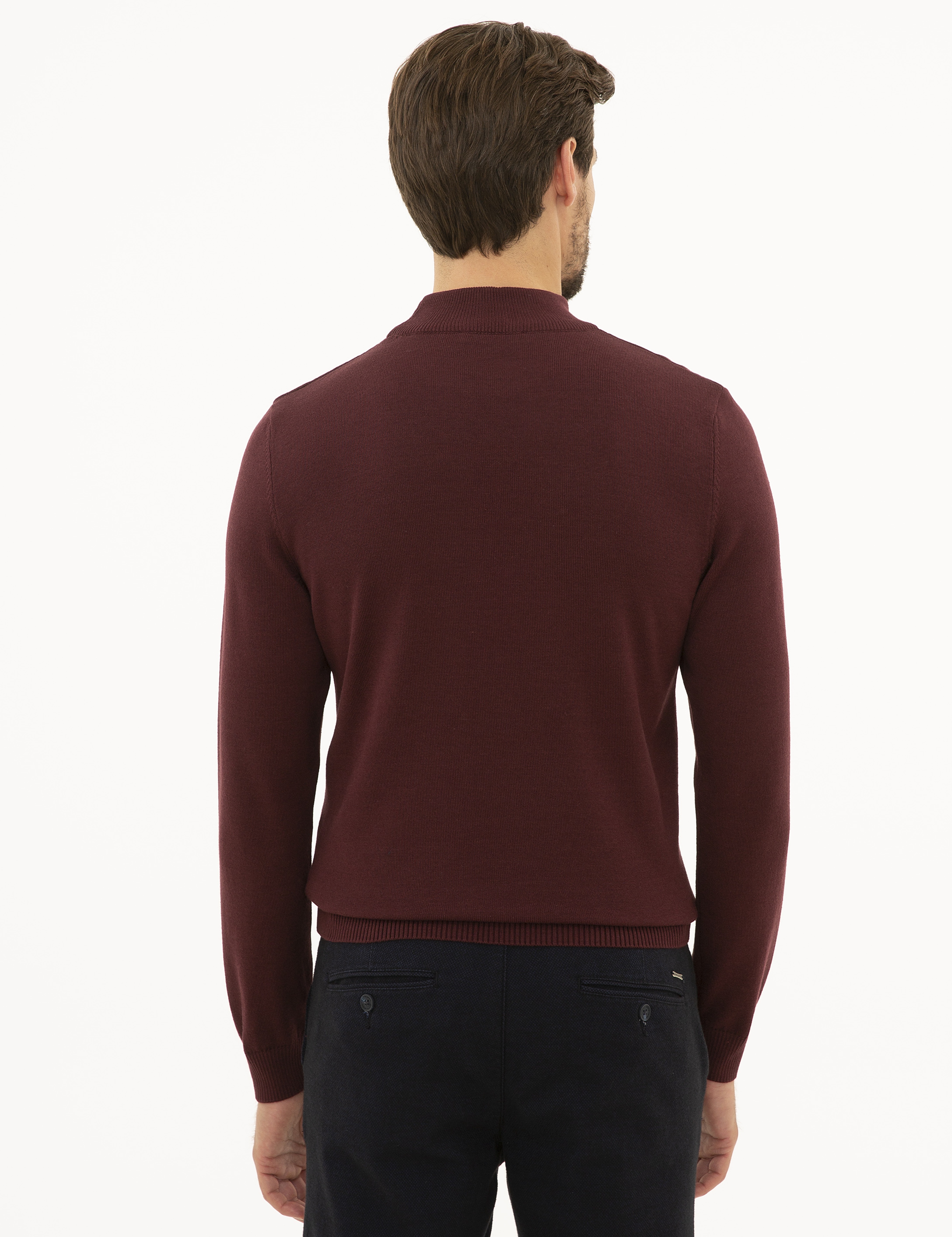 Bordo Slim Fit Yarım Balıkçı Yaka Basic Triko Kazak