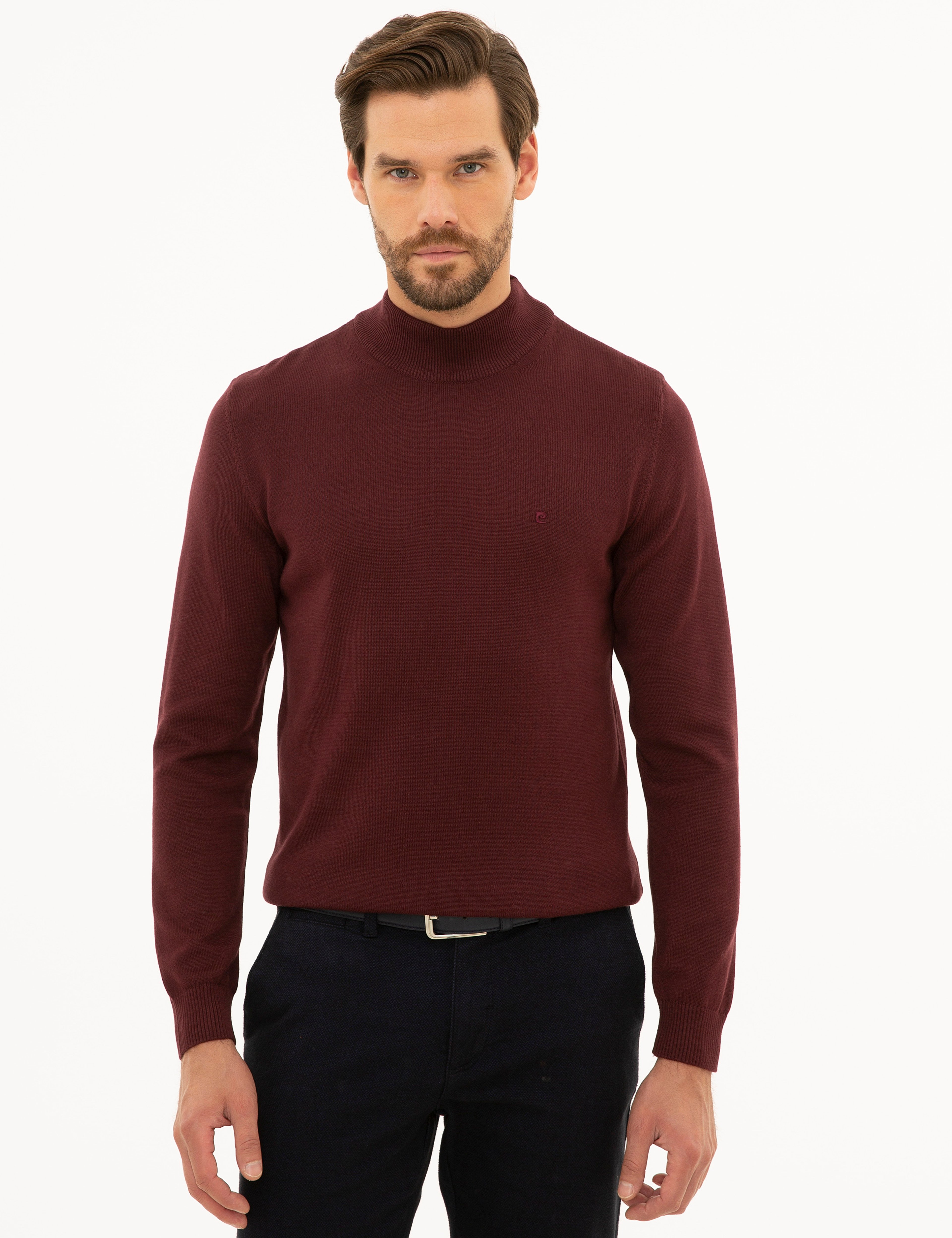 Bordo Slim Fit Yarım Balıkçı Yaka Basic Triko Kazak - Image 1