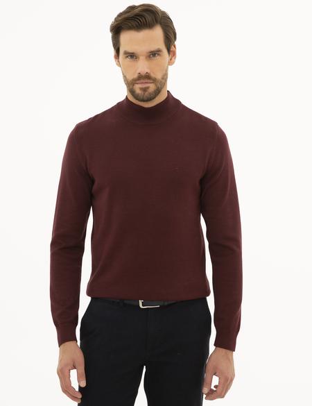 Bordo Slim Fit Yarım Balıkçı Yaka Basic Triko Kazak - 50227091029