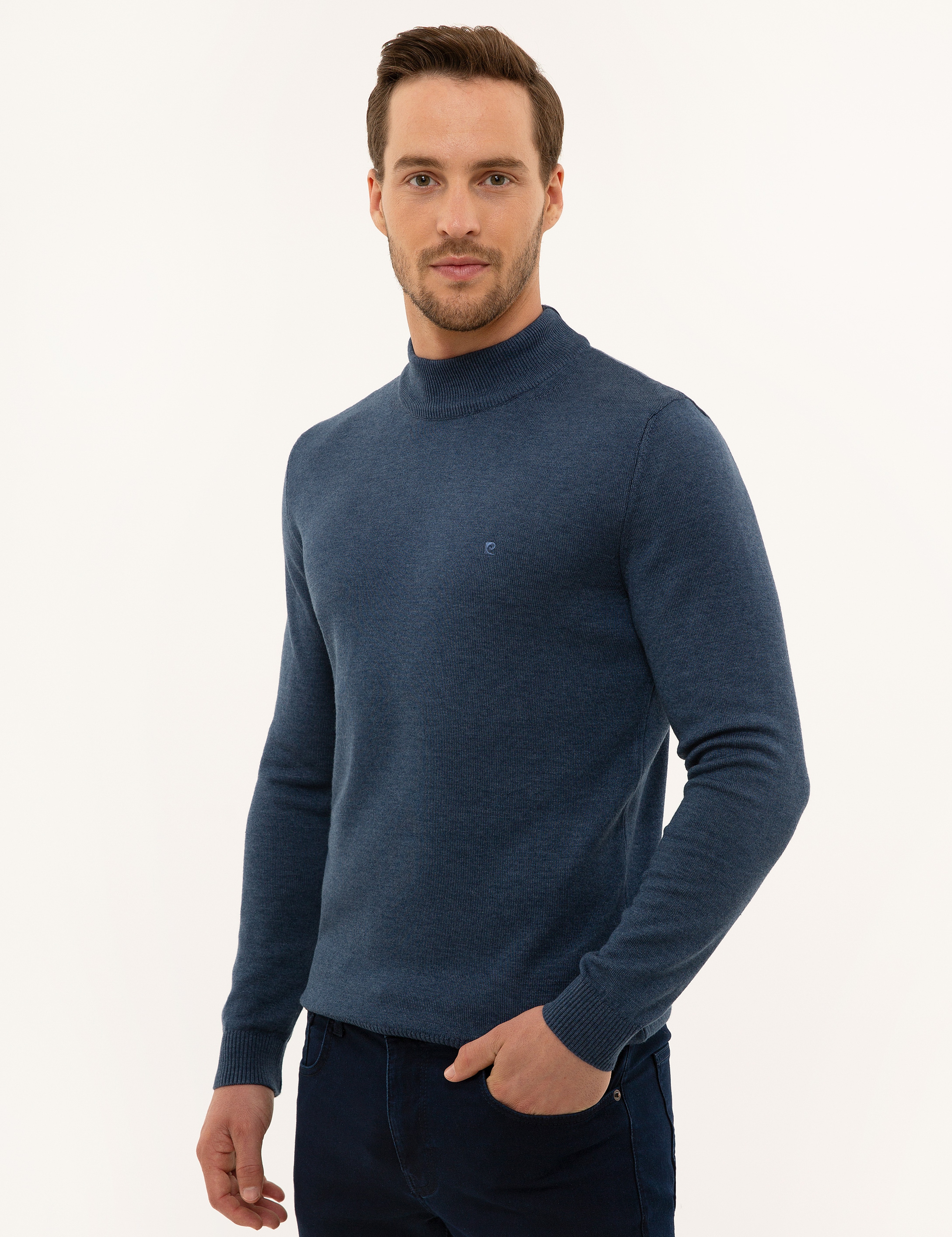 İndigo Mavi Melanj Slim Fit Yarım Balıkçı Yaka Basic Triko Kazak