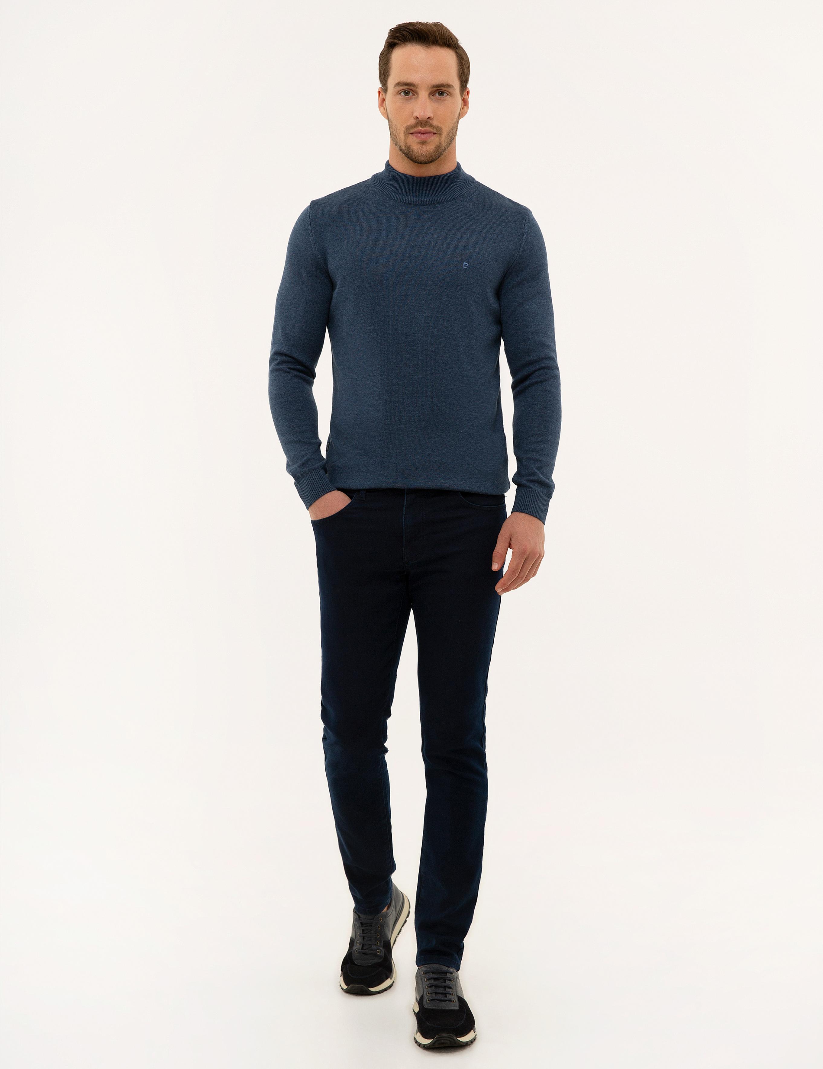 İndigo Mavi Melanj Slim Fit Yarım Balıkçı Yaka Basic Triko Kazak