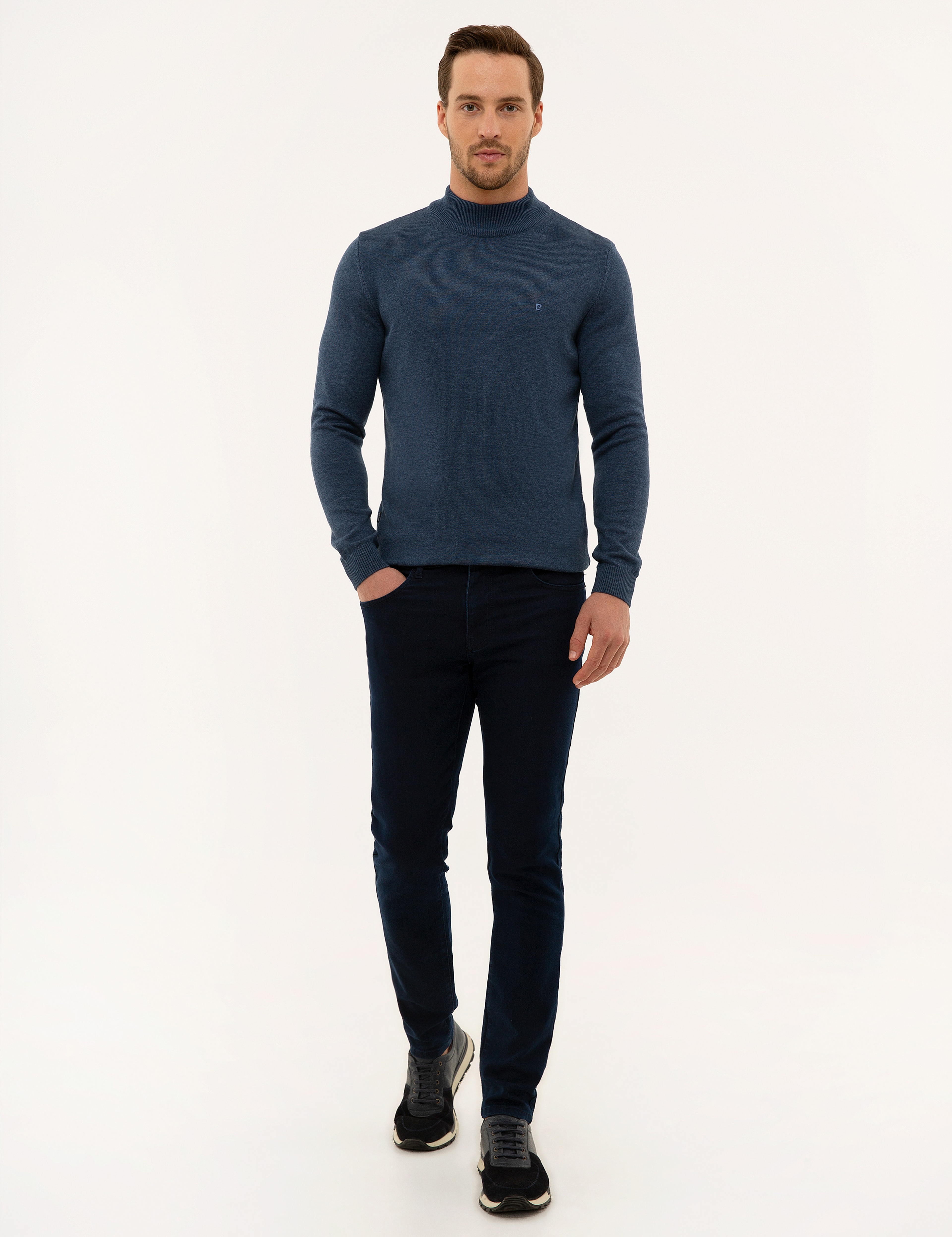 İndigo Mavi Melanj Slim Fit Yarım Balıkçı Yaka Basic Triko Kazak - Image 5