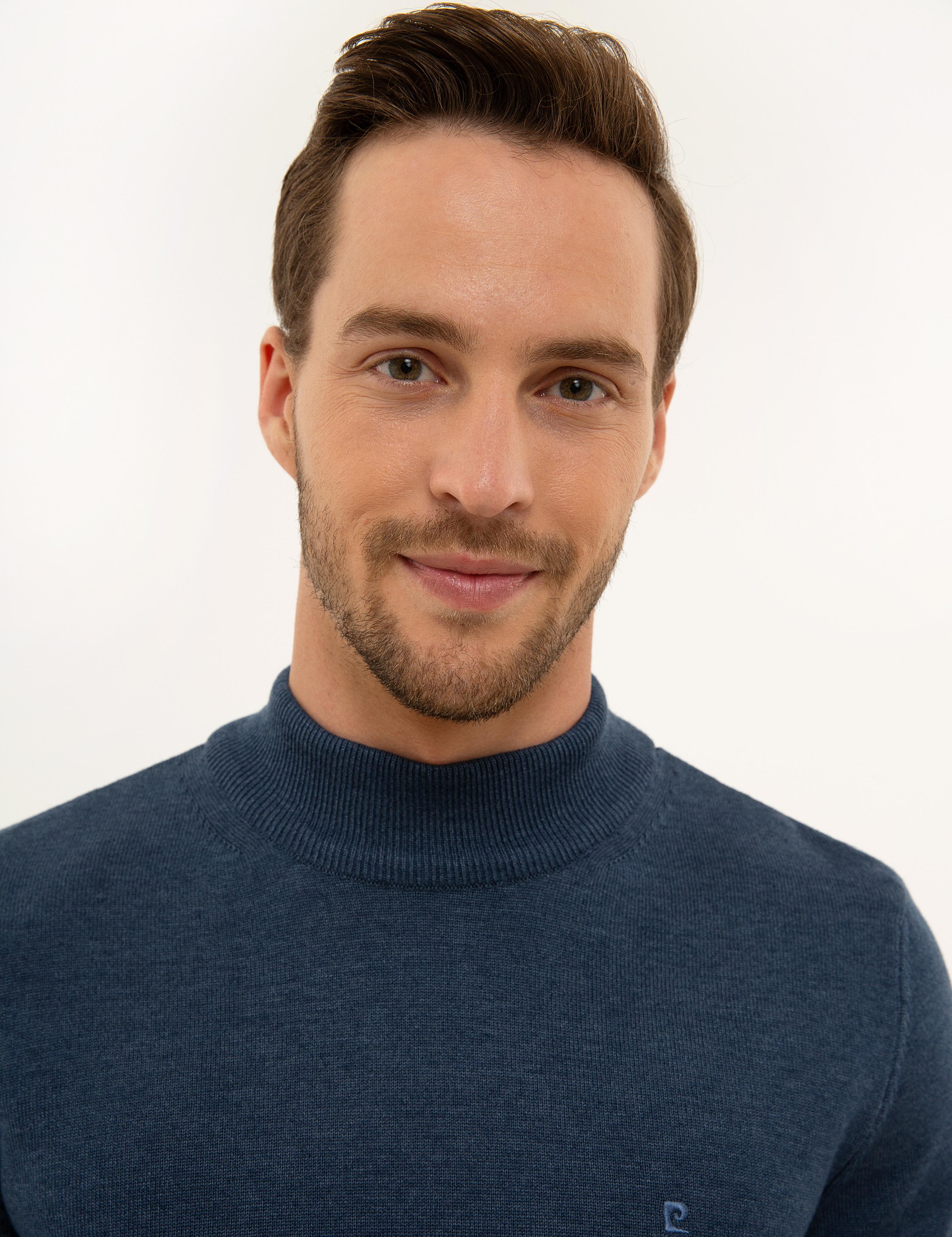 İndigo Mavi Melanj Slim Fit Yarım Balıkçı Yaka Basic Triko Kazak