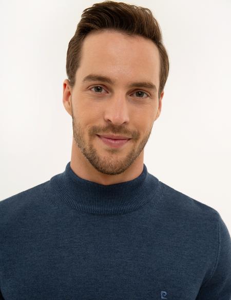 İndigo Mavi Melanj Slim Fit Yarım Balıkçı Yaka Basic Triko Kazak - 50227091151