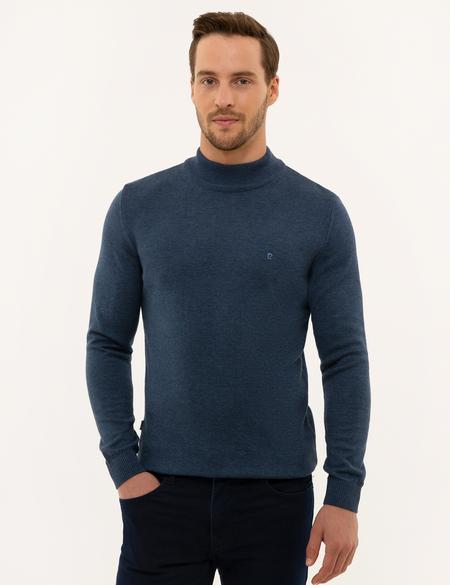 İndigo Mavi Melanj Slim Fit Yarım Balıkçı Yaka Basic Triko Kazak - 50227091151