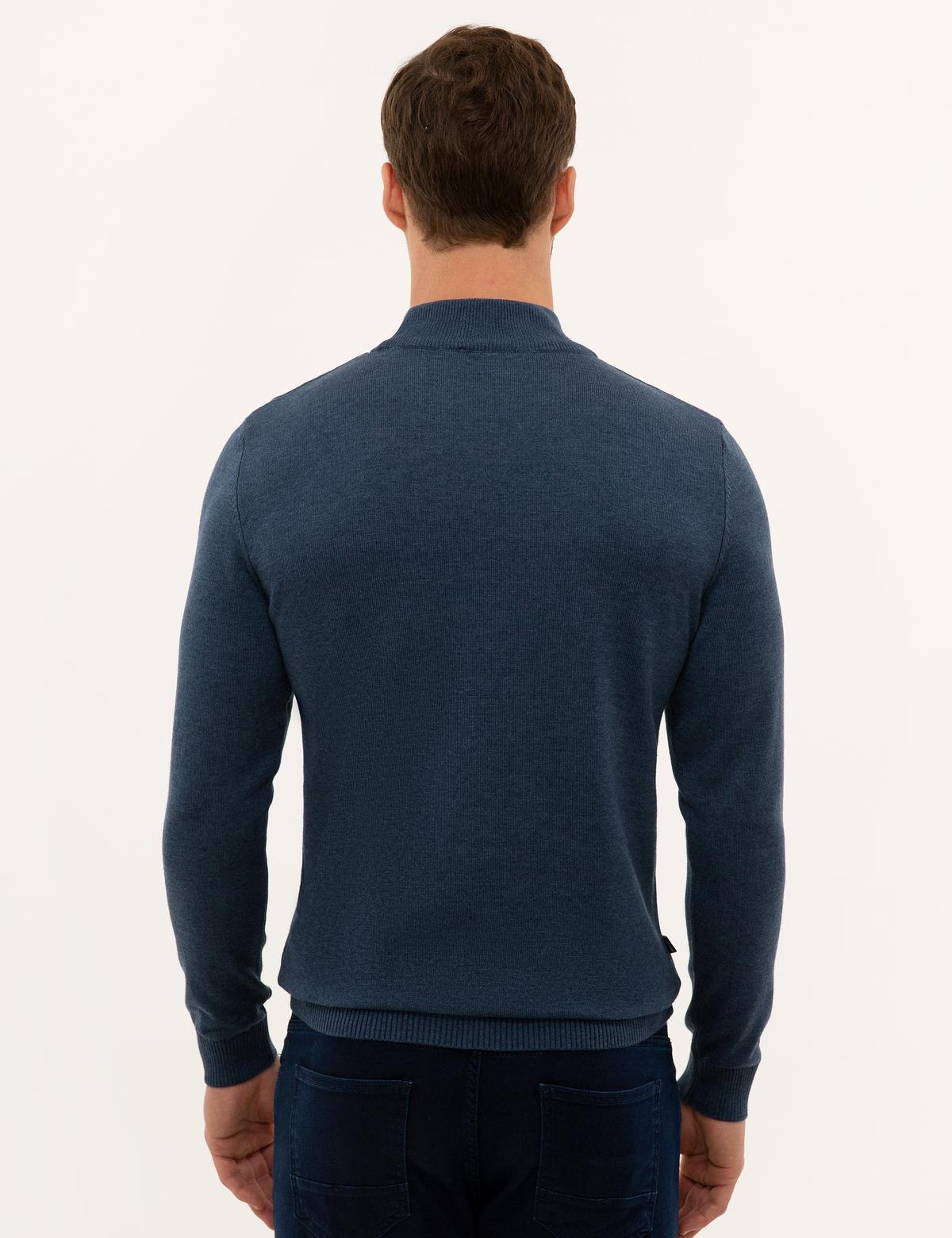 İndigo Mavi Melanj Slim Fit Yarım Balıkçı Yaka Basic Triko Kazak - 50227091151