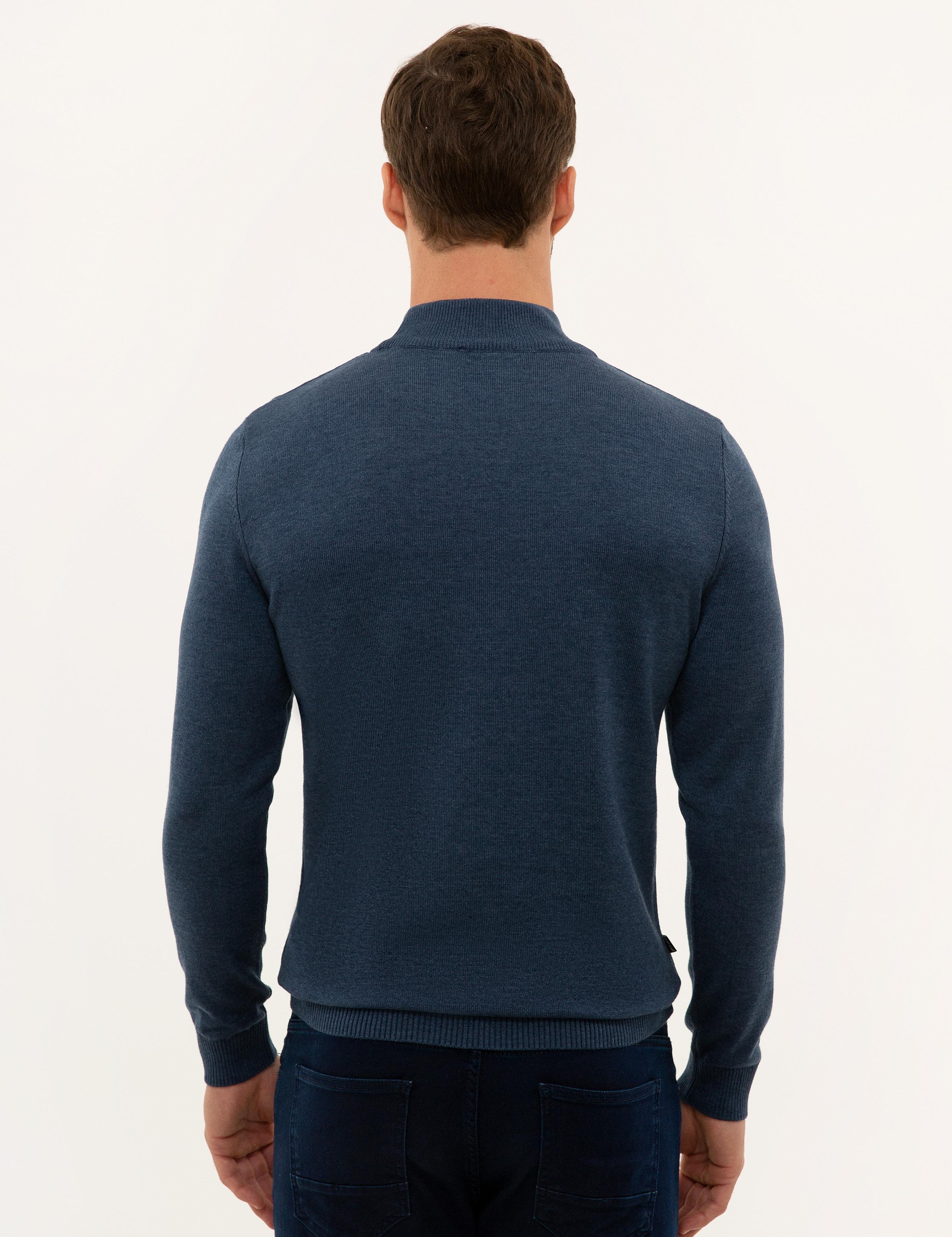 İndigo Mavi Melanj Slim Fit Yarım Balıkçı Yaka Basic Triko Kazak