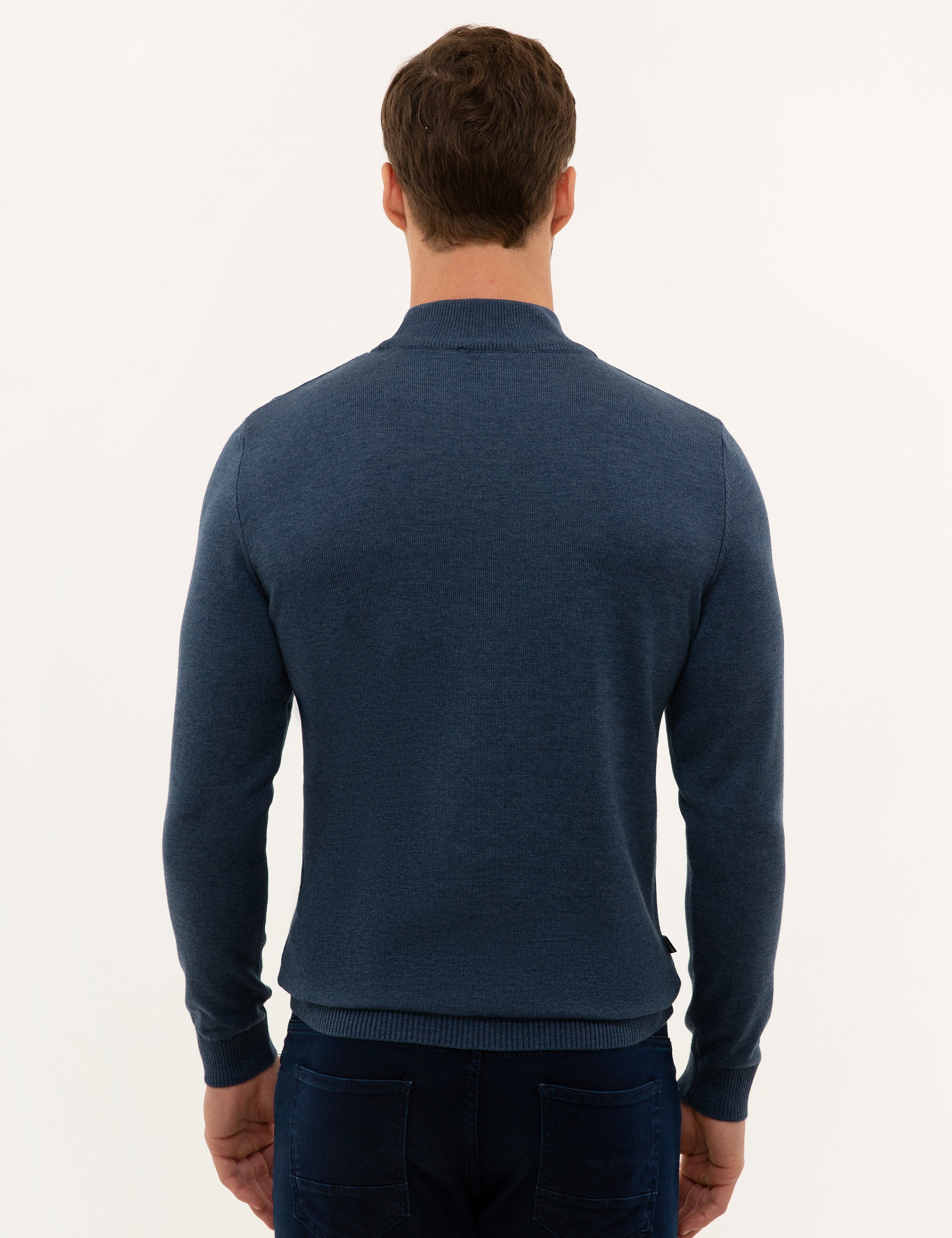 İndigo Mavi Melanj Slim Fit Yarım Balıkçı Yaka Basic Triko Kazak - Image 4