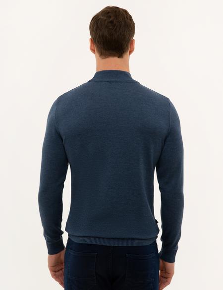 İndigo Mavi Melanj Slim Fit Yarım Balıkçı Yaka Basic Triko Kazak - 50227091151