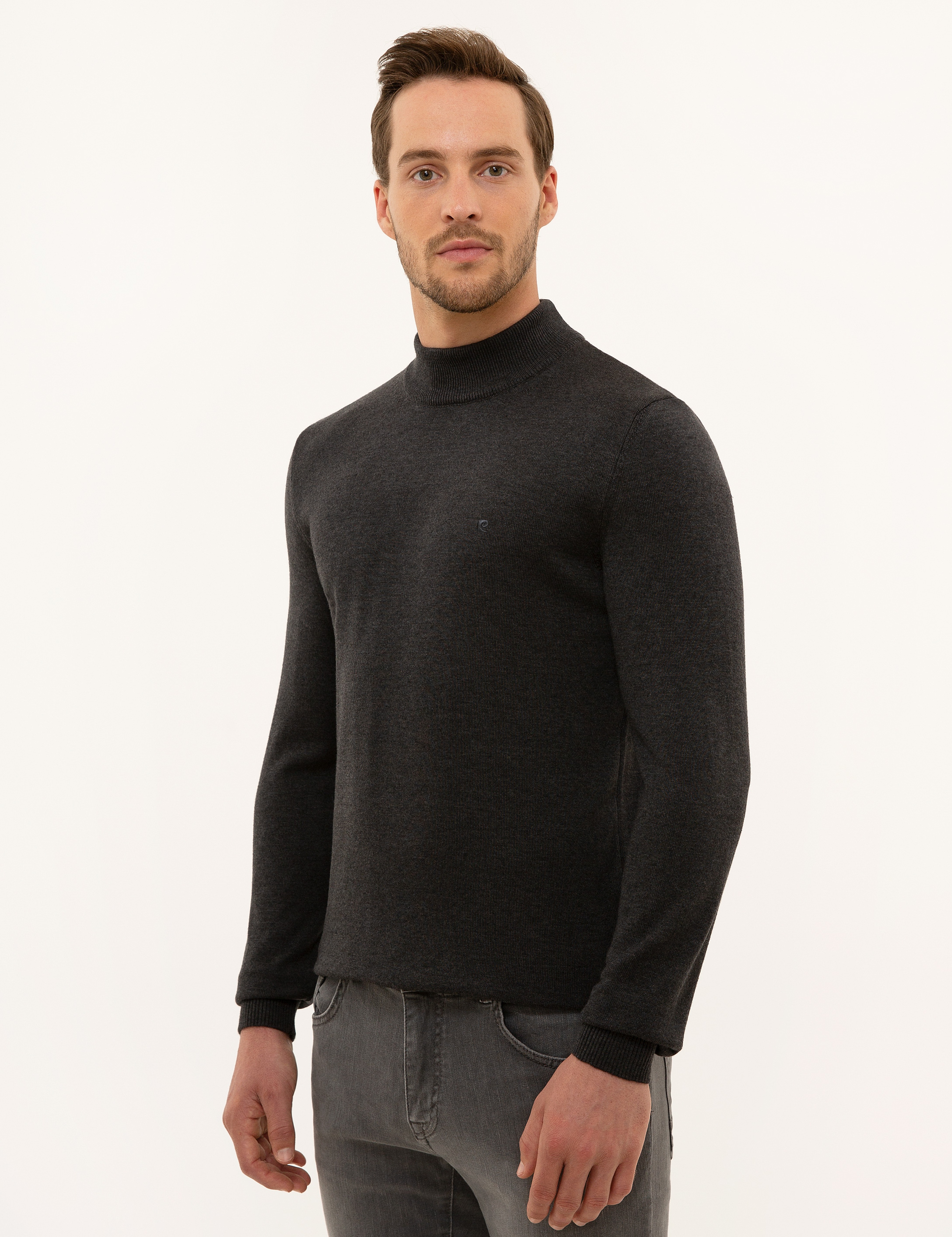 Antrasit Melanj Slim Fit Yarım Balıkçı Yaka Basic Triko Kazak - Image 3