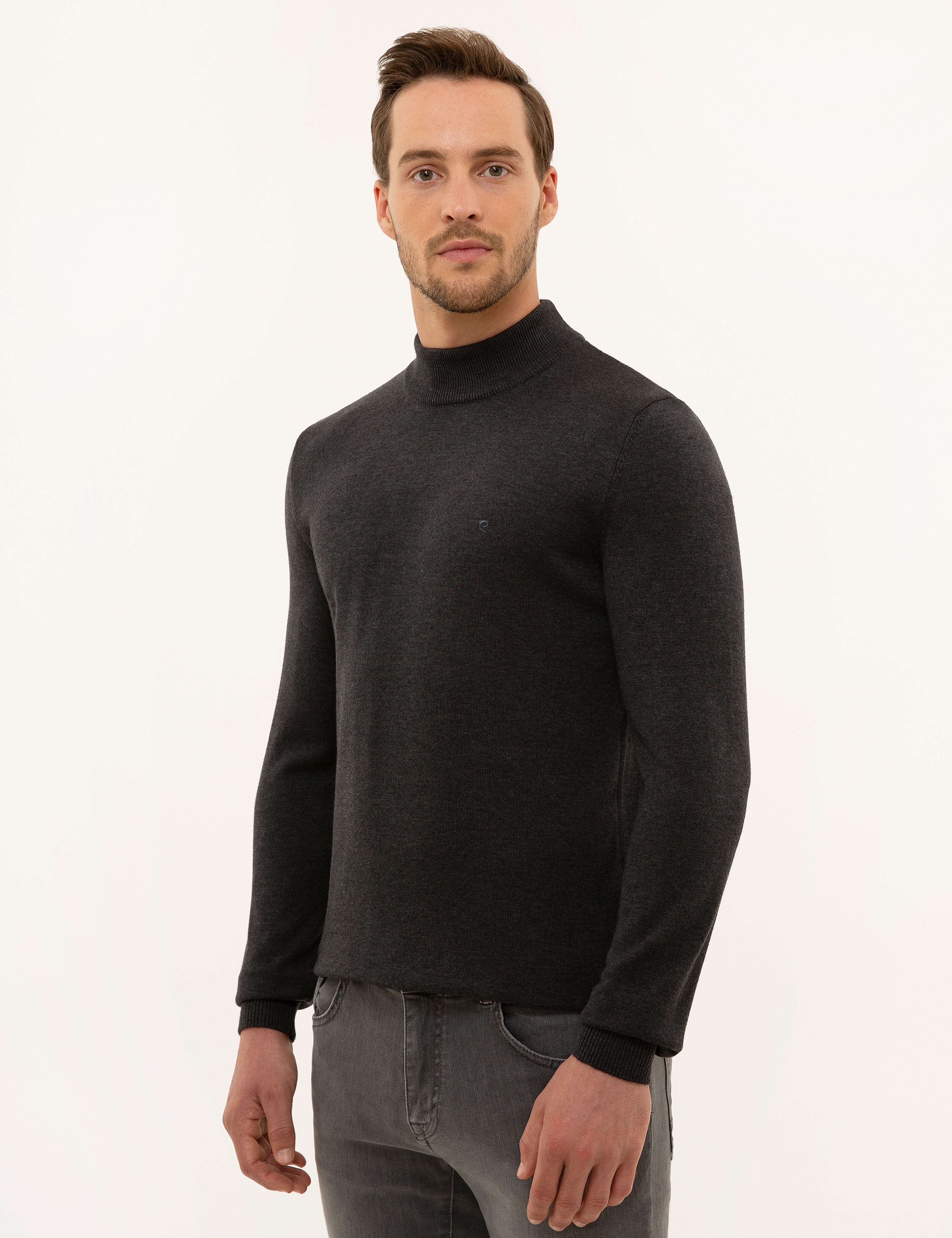 Antrasit Melanj Slim Fit Yarım Balıkçı Yaka Basic Triko Kazak