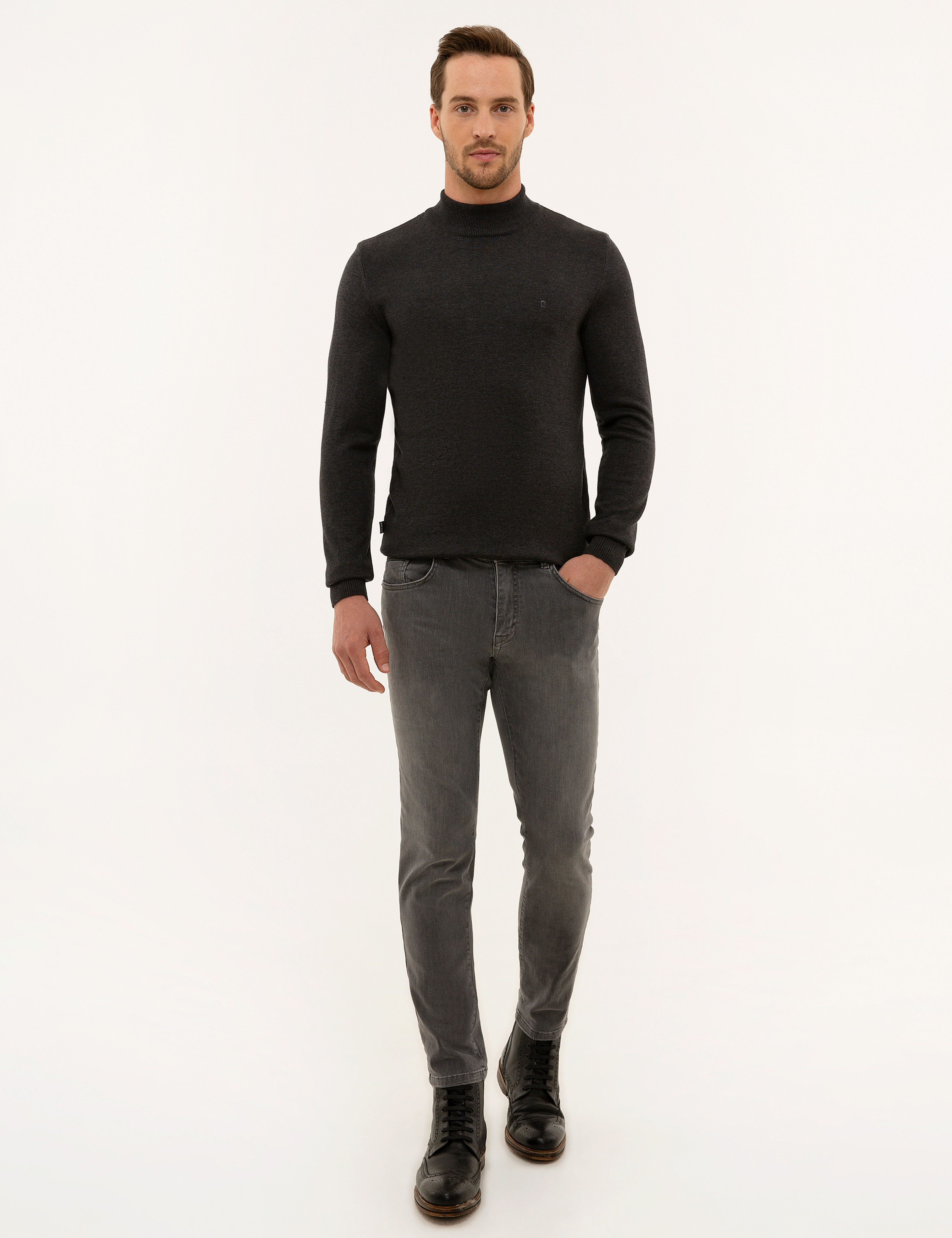 Antrasit Melanj Slim Fit Yarım Balıkçı Yaka Basic Triko Kazak - Image 5