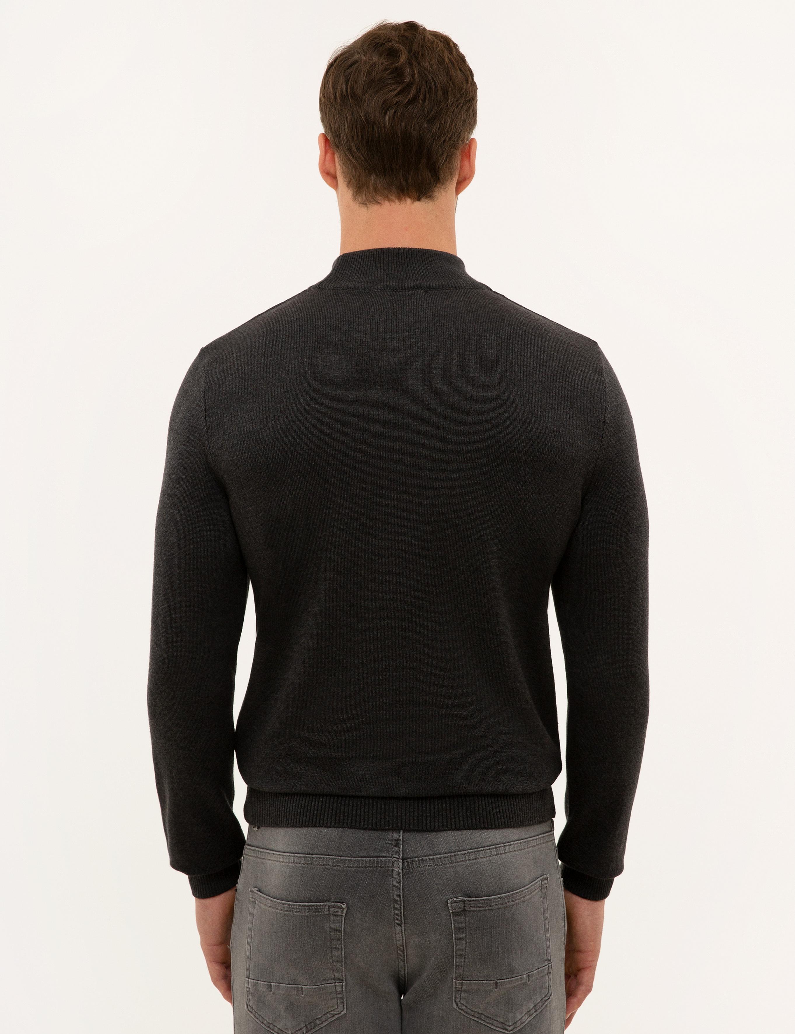 Antrasit Melanj Slim Fit Yarım Balıkçı Yaka Basic Triko Kazak