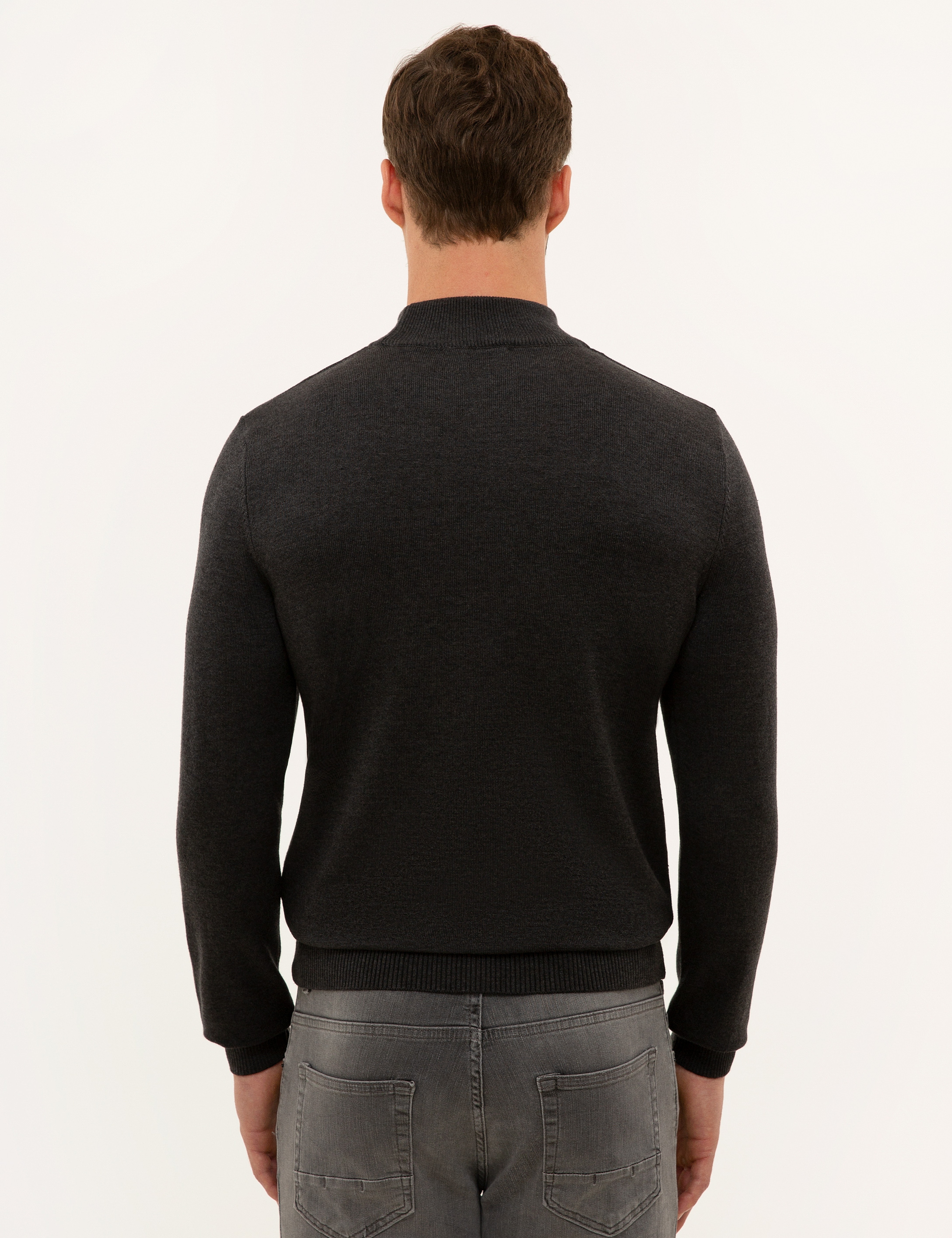 Antrasit Melanj Slim Fit Yarım Balıkçı Yaka Basic Triko Kazak