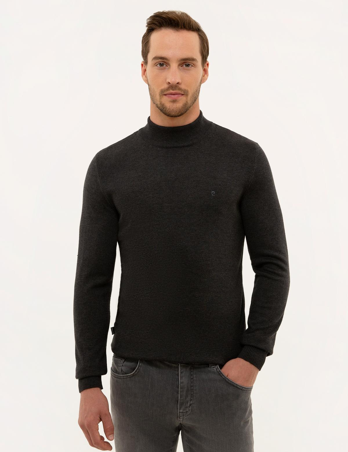 Antrasit Melanj Slim Fit Yarım Balıkçı Yaka Basic Triko Kazak