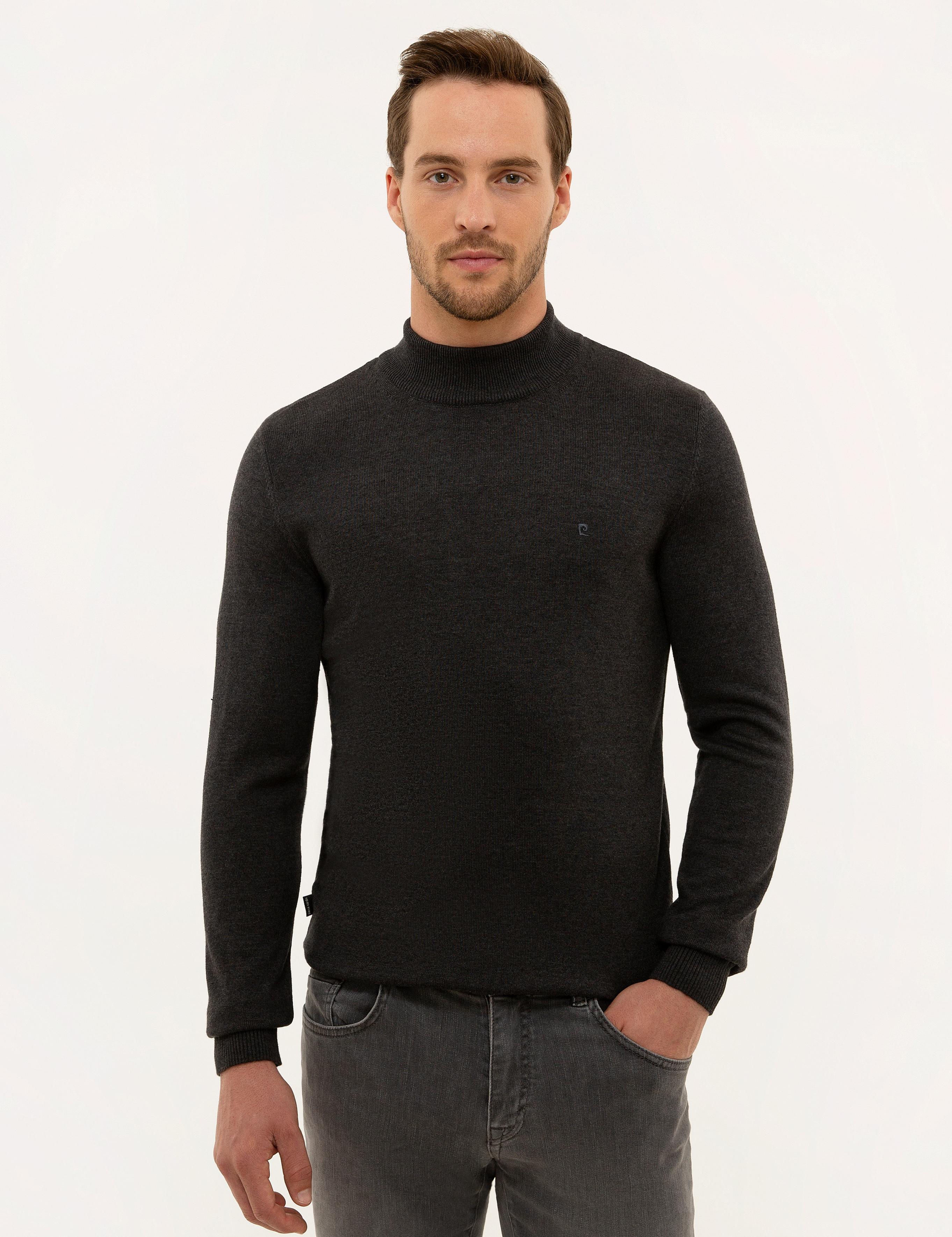 Antrasit Melanj Slim Fit Yarım Balıkçı Yaka Basic Triko Kazak