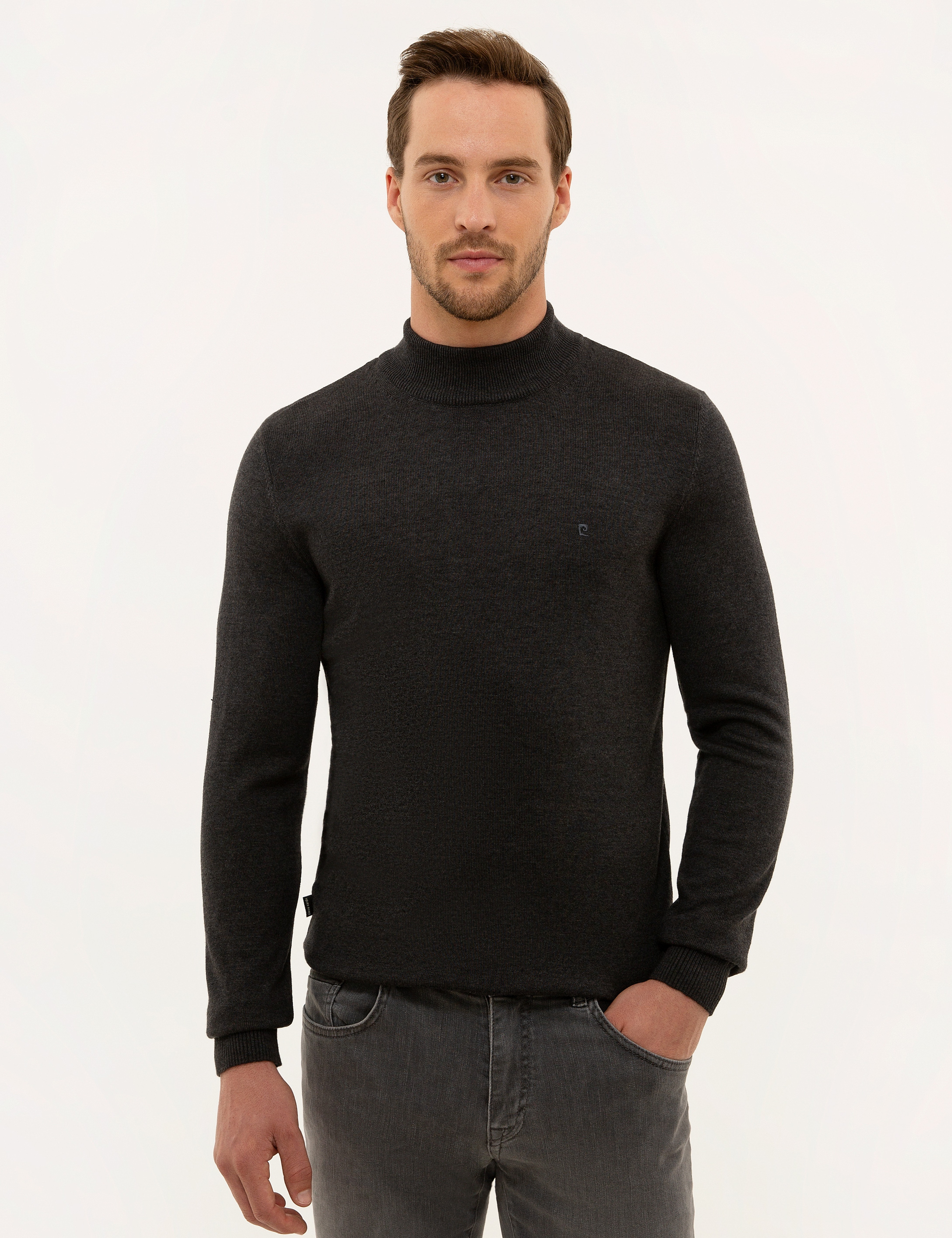 Antrasit Melanj Slim Fit Yarım Balıkçı Yaka Basic Triko Kazak - Image 1