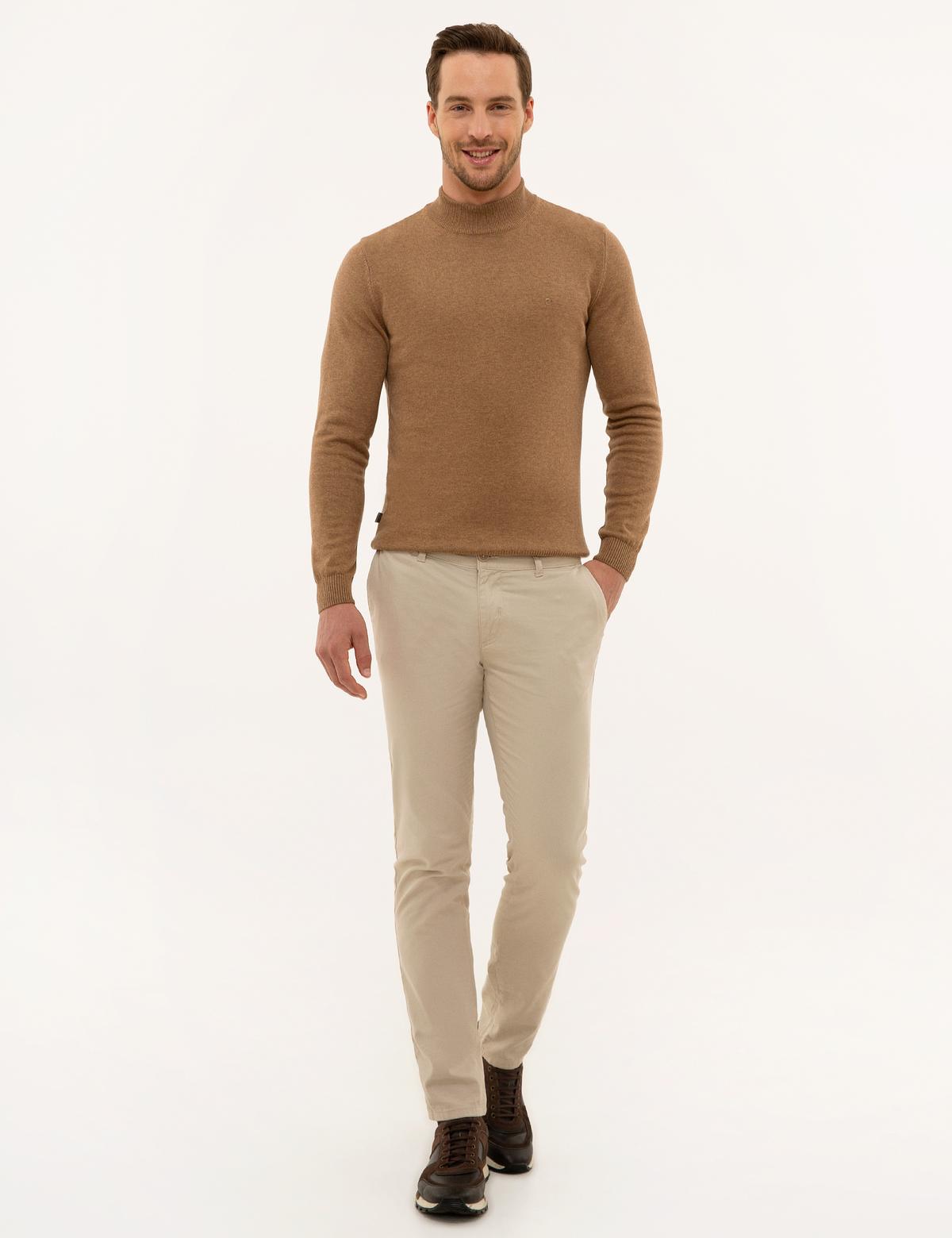 Camel Melanj Slim Fit Yarım Balıkçı Yaka Triko Kazak - 50227091149