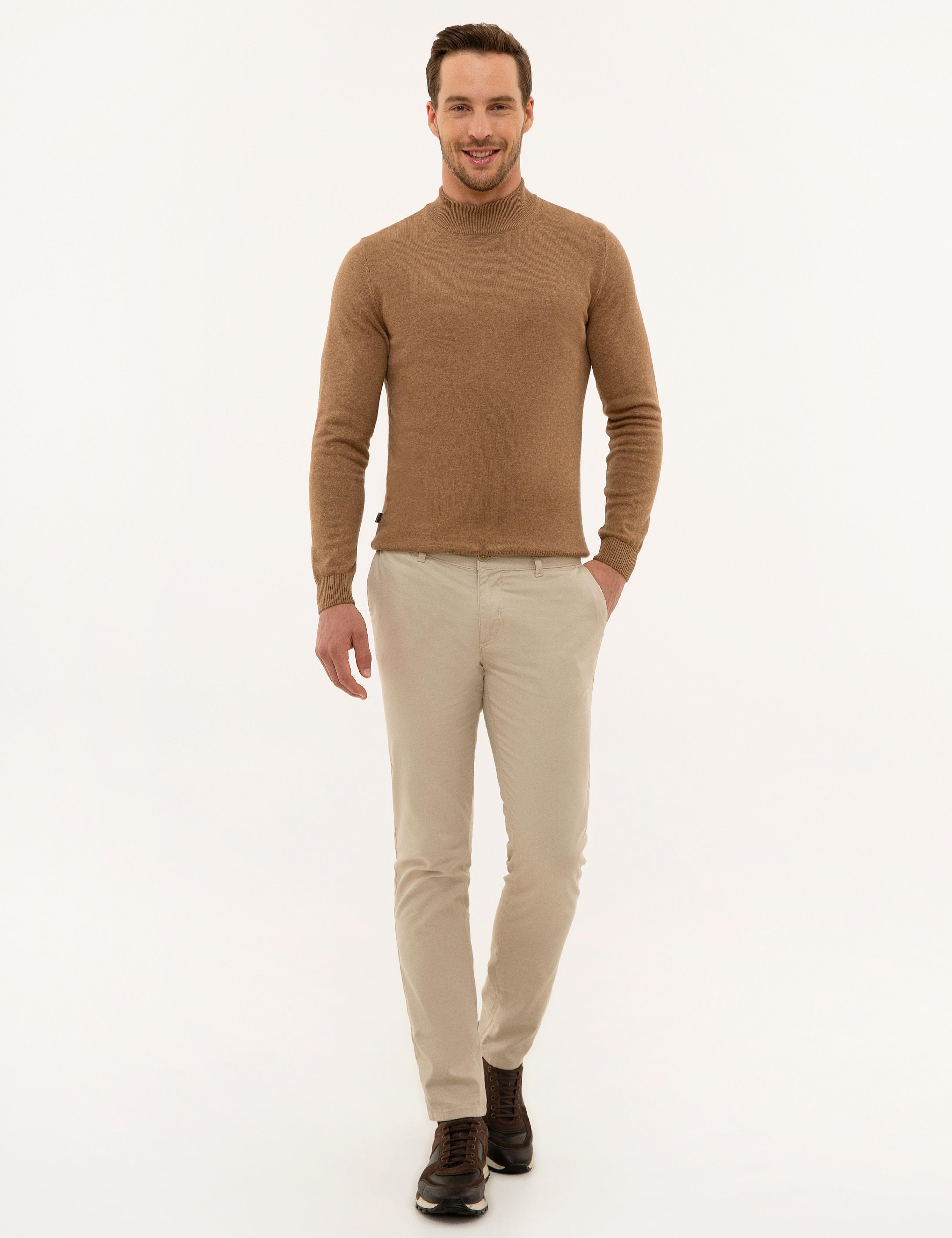Camel Melanj Slim Fit Yarım Balıkçı Yaka Triko Kazak